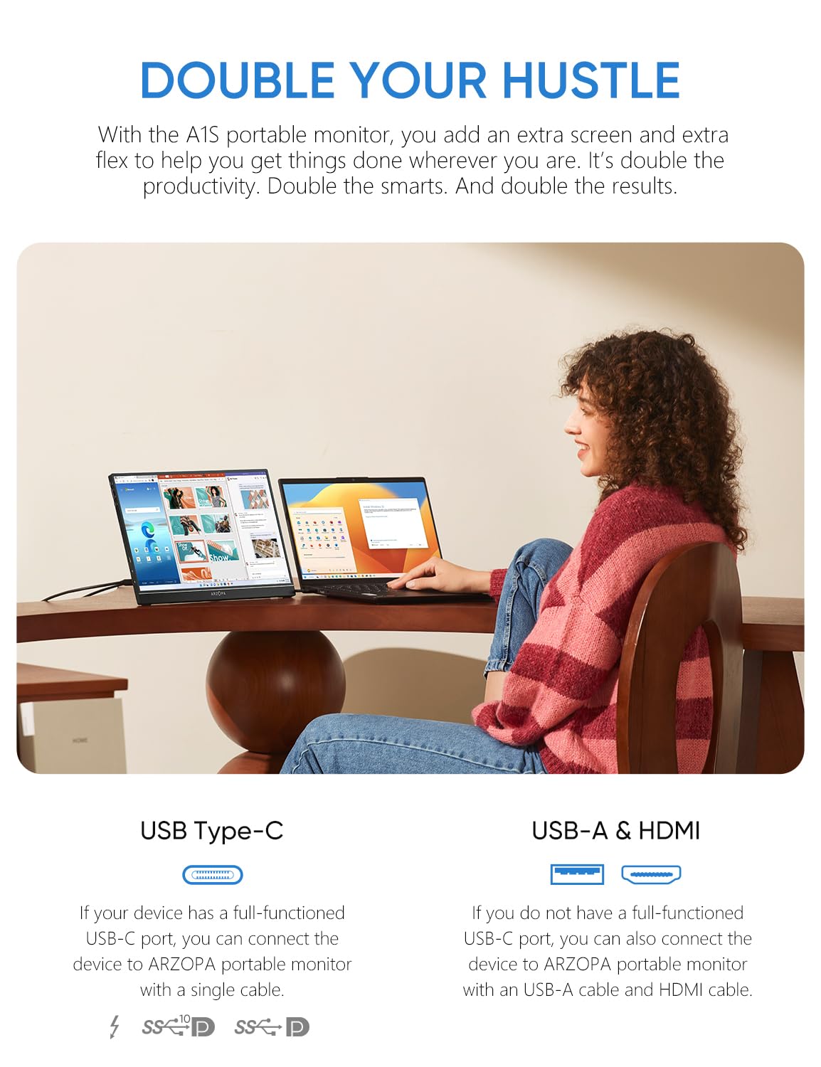 Arzopa Portable Monitor Kickstand, 14.0 Ultra Slim Portable Laptop Monitor Fhd 1080P External Display With Dual Speakers Second