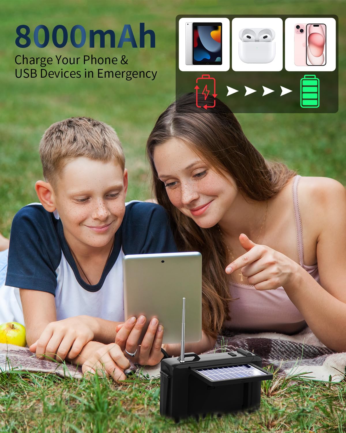 Mofokeay Emergency Weather Radio Hand Crank, 8000Mah Noaa Solar Radio With Torch & Led Reading Light, Usb Type C Charging, Bluetooth Speaker, Sos Alarm For Camping Indoor Outdoor Emergencies (Black)