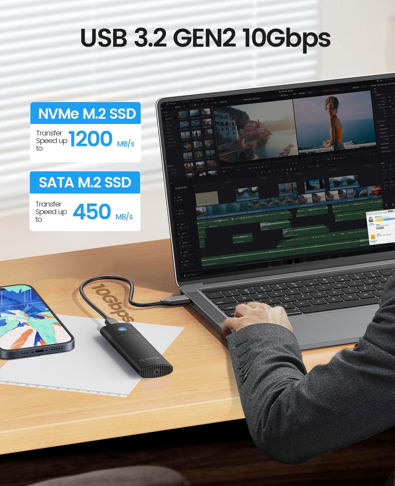 ORICO Aluminum M.2 NVMe SSD Enclosure , Tool Free 10Gbps USB C Adapter, USB 3.2 M.2 NVMe Reader, External SSD Case Thunderbolt 3 Compatible, Supports 4TB 2230/2242/2260/2280 PCIe M Key SSDs PWM2 BK