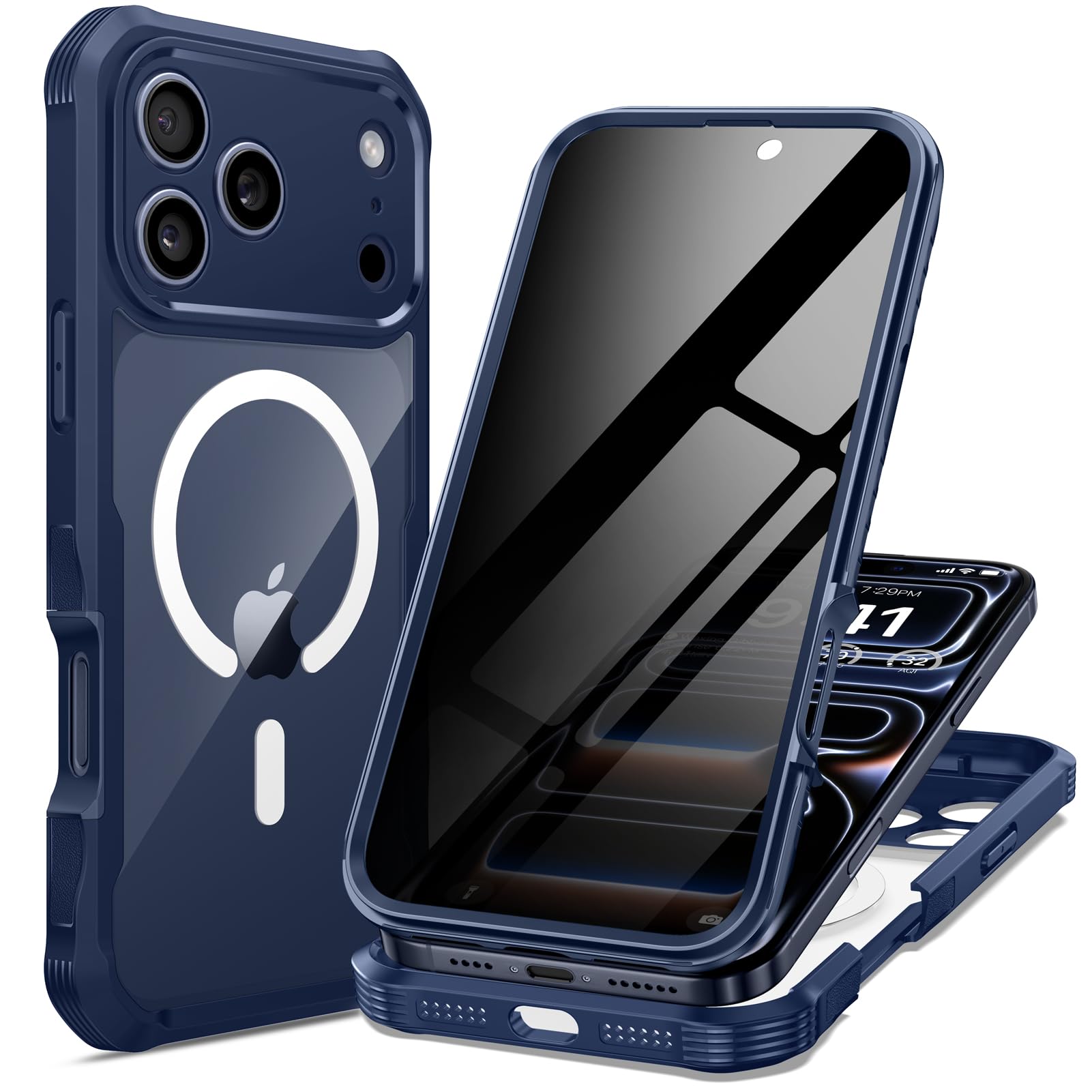 seacosmo for iPhone 17 Pro Case, Full Body Bumper with Built-in Tempered Glass Privacy Screen Protector and Camera Lens Protecti