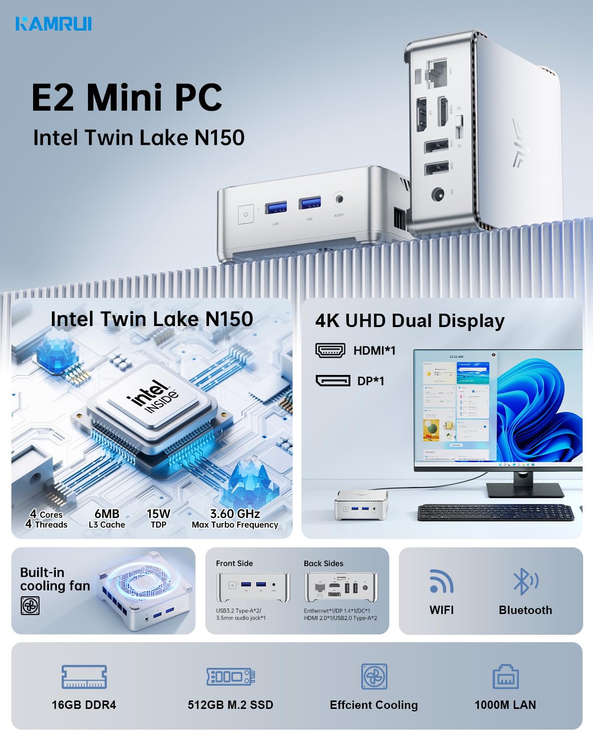 Kamrui Essenx E2 N150 Mini Pc, Micro Pc 16Gb Ddr4 512Gb Ssd Mini Computers, Twin Lake-N N150 (Beat N100, Up To 3.6Ghz) Small Pc,