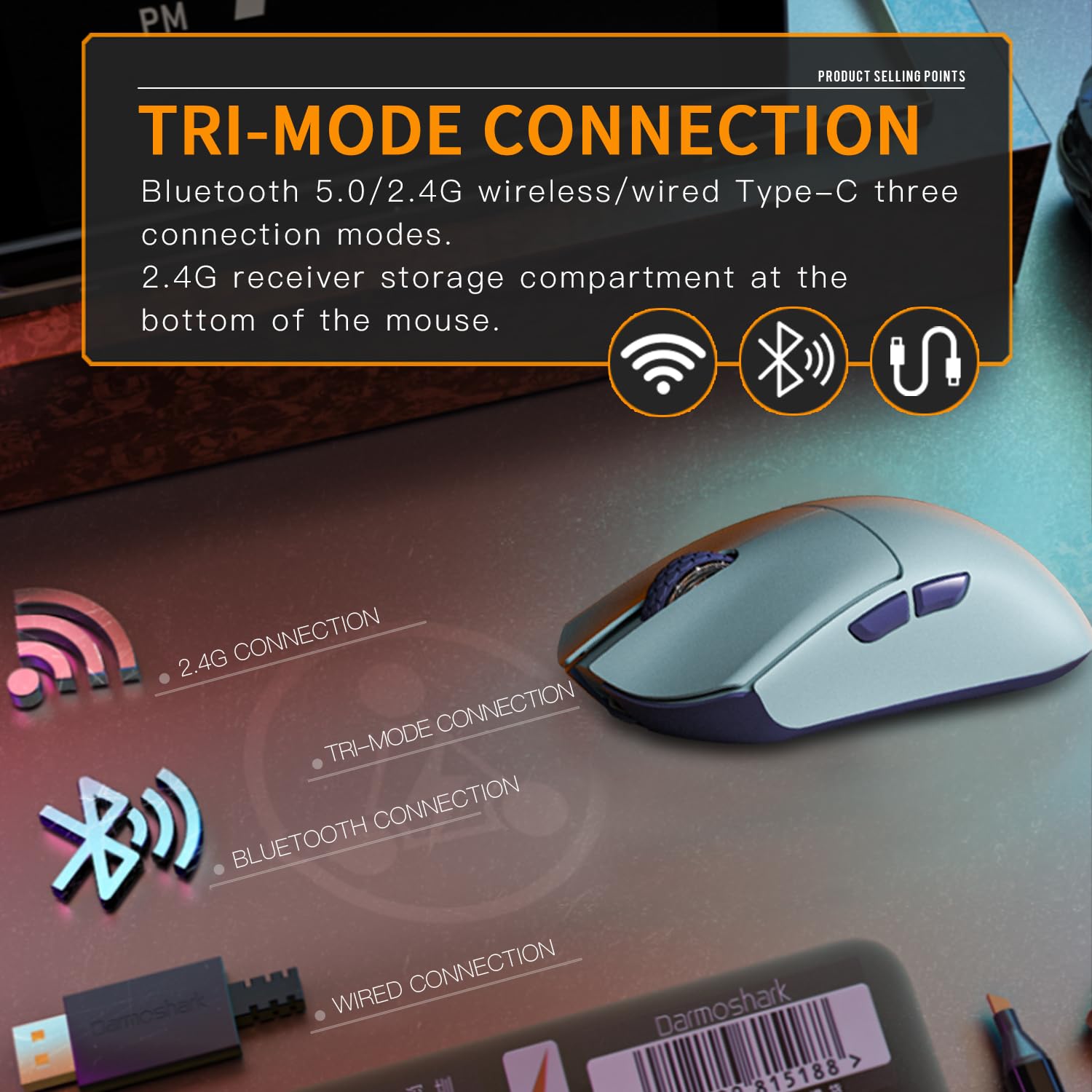 Darmoshark M3 Pro Wireless Gaming Mouse,Tri Mode 2.4G/Usb C/Bluetooth Mouse Up To 26Kdpi,Paw3395 Optical Sensor Lightweight 55G,