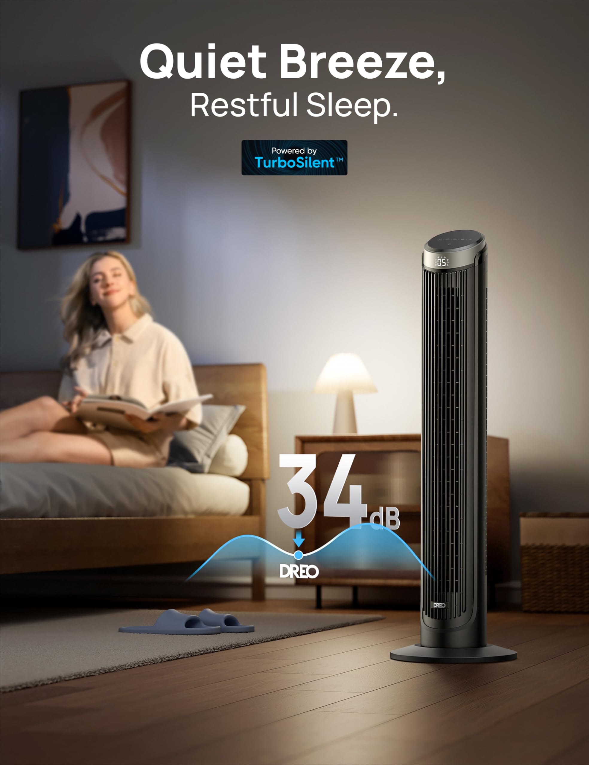 Dreo Smart Tower Fans For Bedroom, 90 Oscillating Fans For Indoors, 5 Speeds 4 Modes Max 26Ft/S, 12H Timer, Led With Touch, Remo