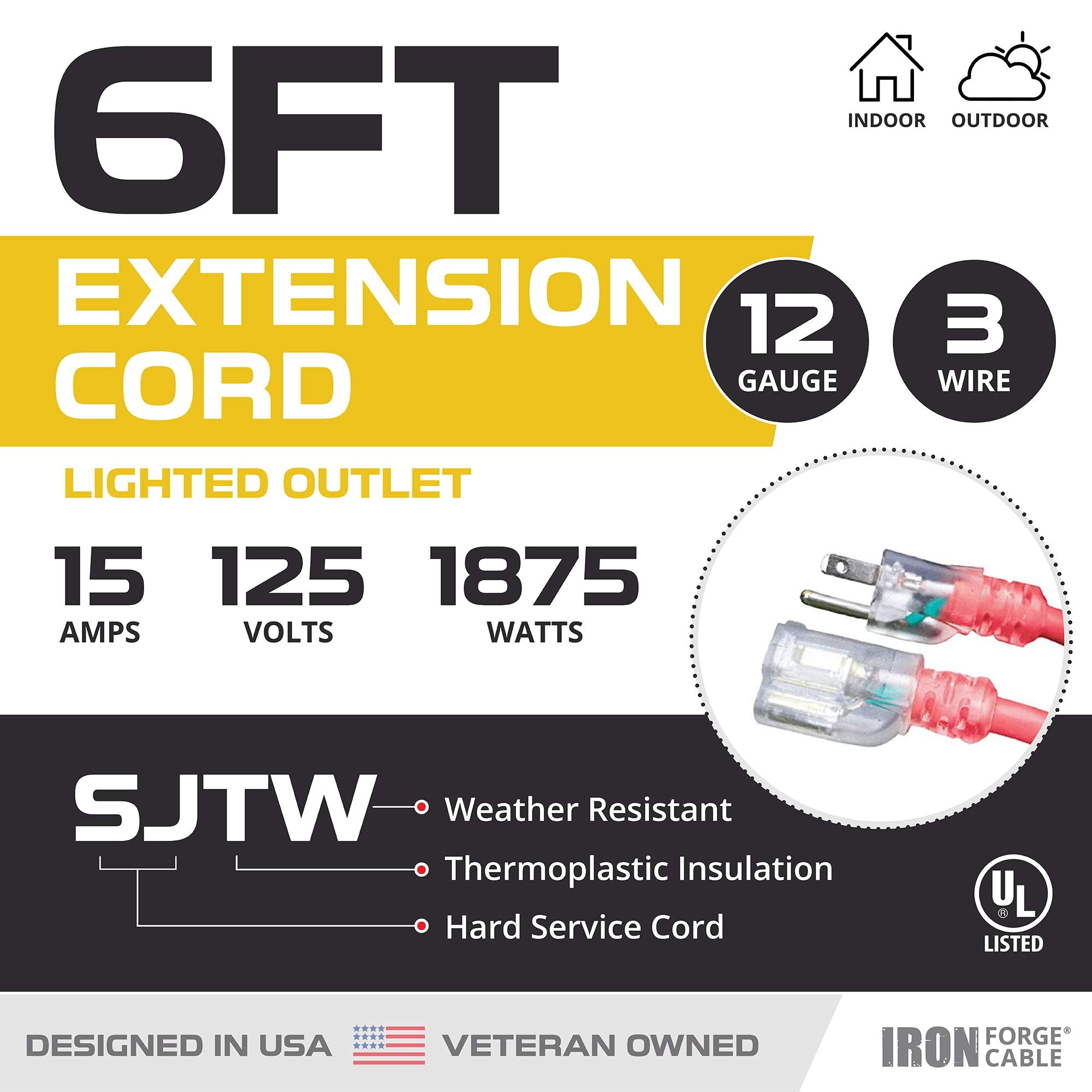 Iron Forge Cable 12 Gauge Extension Cord 6 Ft, 12/3 Sjtw 6 Foot Heavy Duty Extension Cord Outdoor 3 Prong, Weatherproof Red Elec