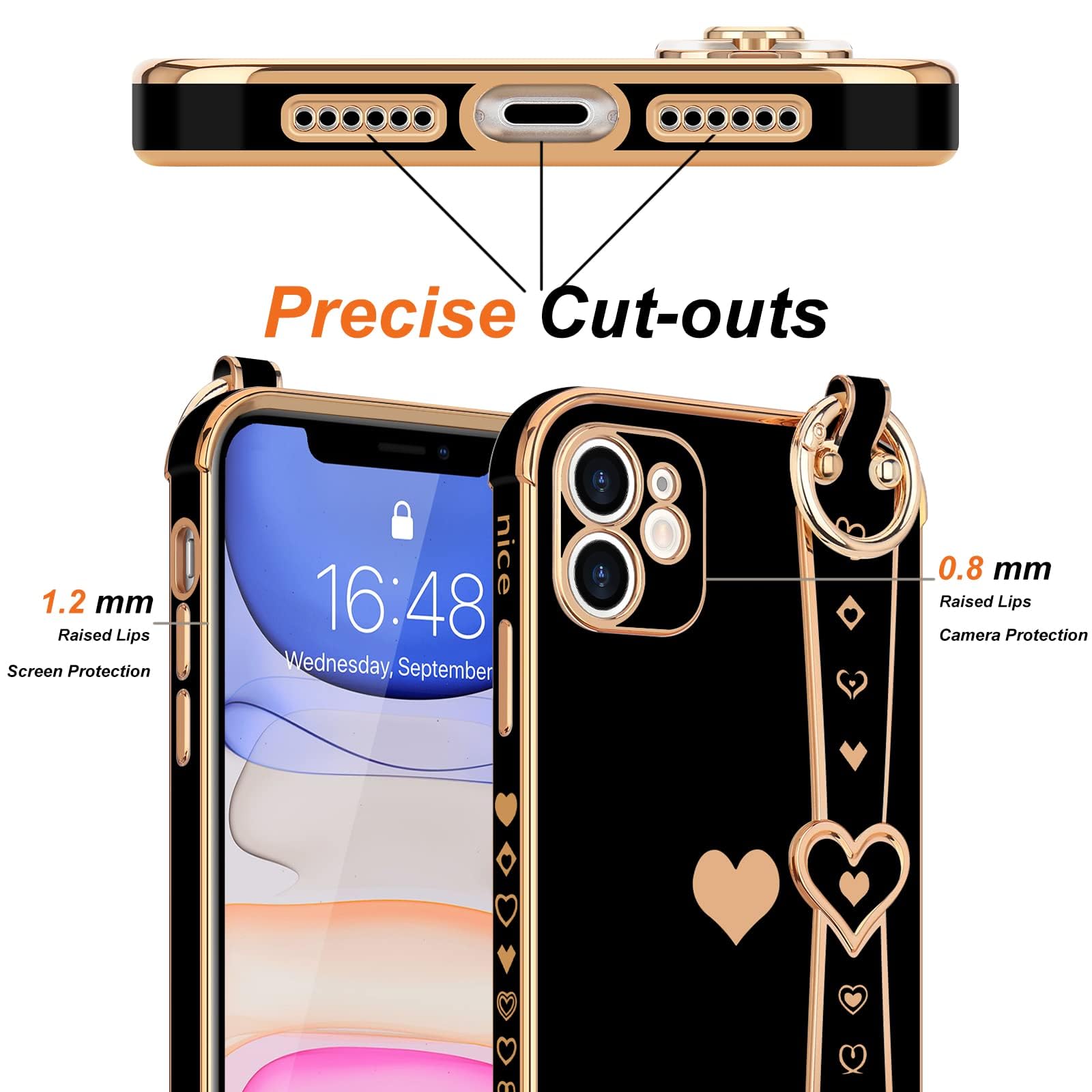 Llz.Coque For Iphone 11 Case Cute Love Heart Plating Strap Phone Cover For Women Girlss Bling Soft Silicone Camera Lens Protecti