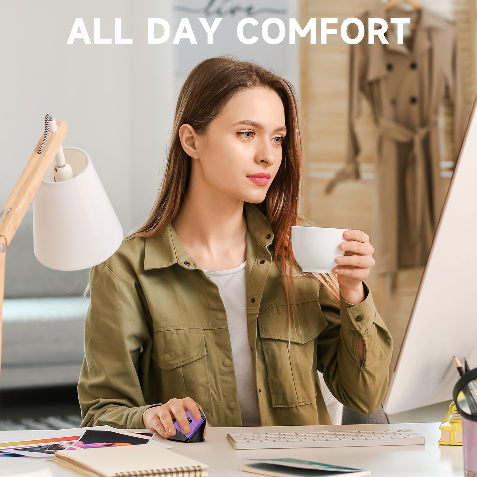 Memzuoix Ergonomic Mouse Wireless,2.4G Optical Cordless Mice With 800/1200/1600 Dpi,Vertical Computer Wireless Mouse For Laptop, Mac,Pc,Desktop (For Right Hand, Large),Purple Mouse