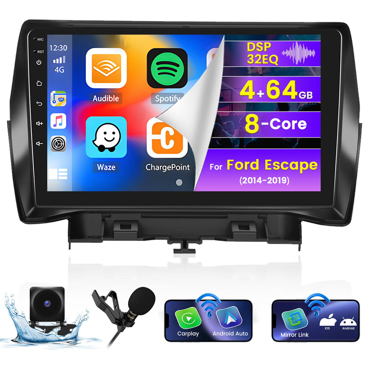 Roinvou 8 Cores 4+64G Android Car Radio For Ford Escape 2014 2019, 9'' Touch Screen Carplay Android Auto With 32Eq Bluetooth Wif