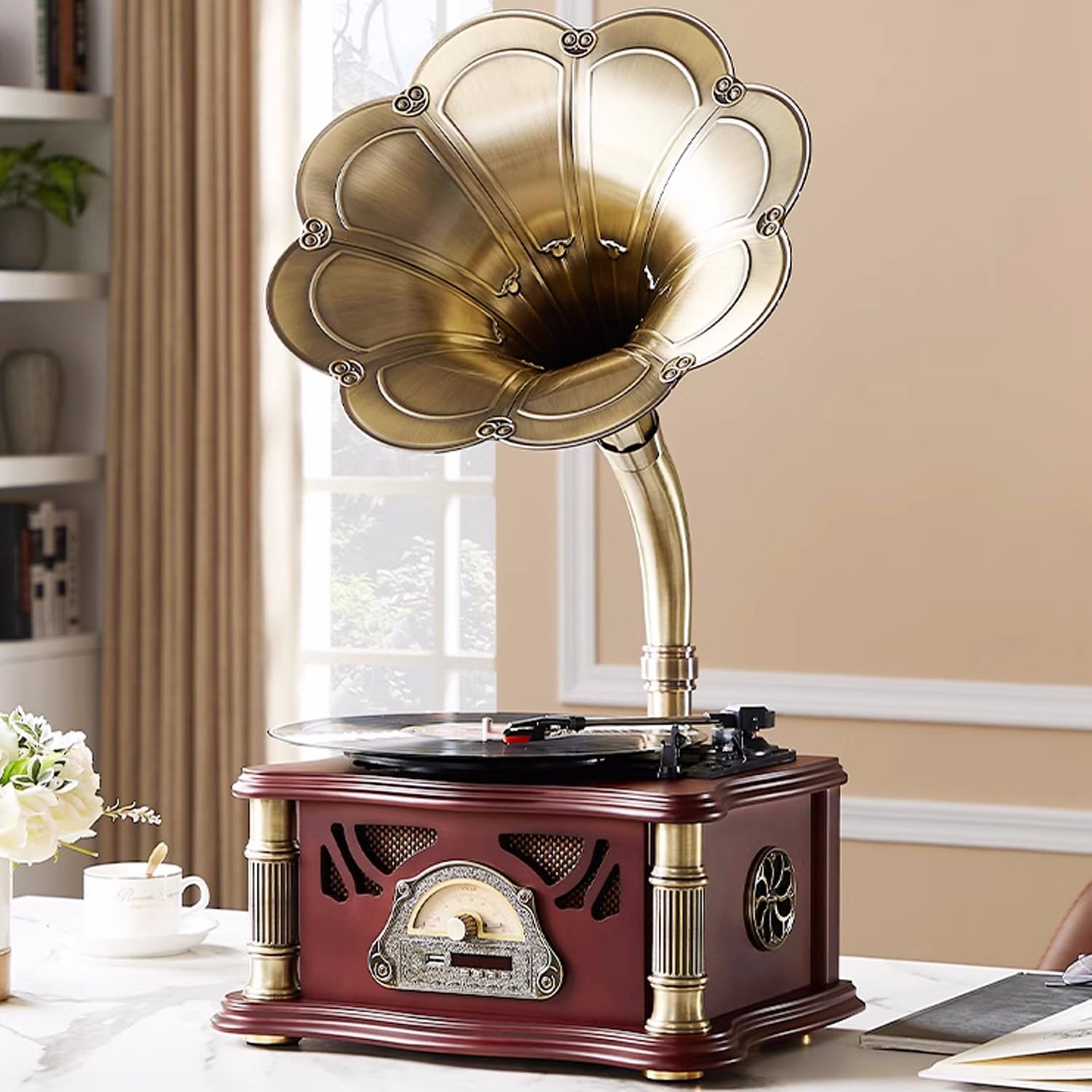 Hzlsbl Vintage Gramophone With Bluetooth Output Vintage Record Players Retro Gramophone Turntables For 7'' 9'' 12'' Vinyl Record