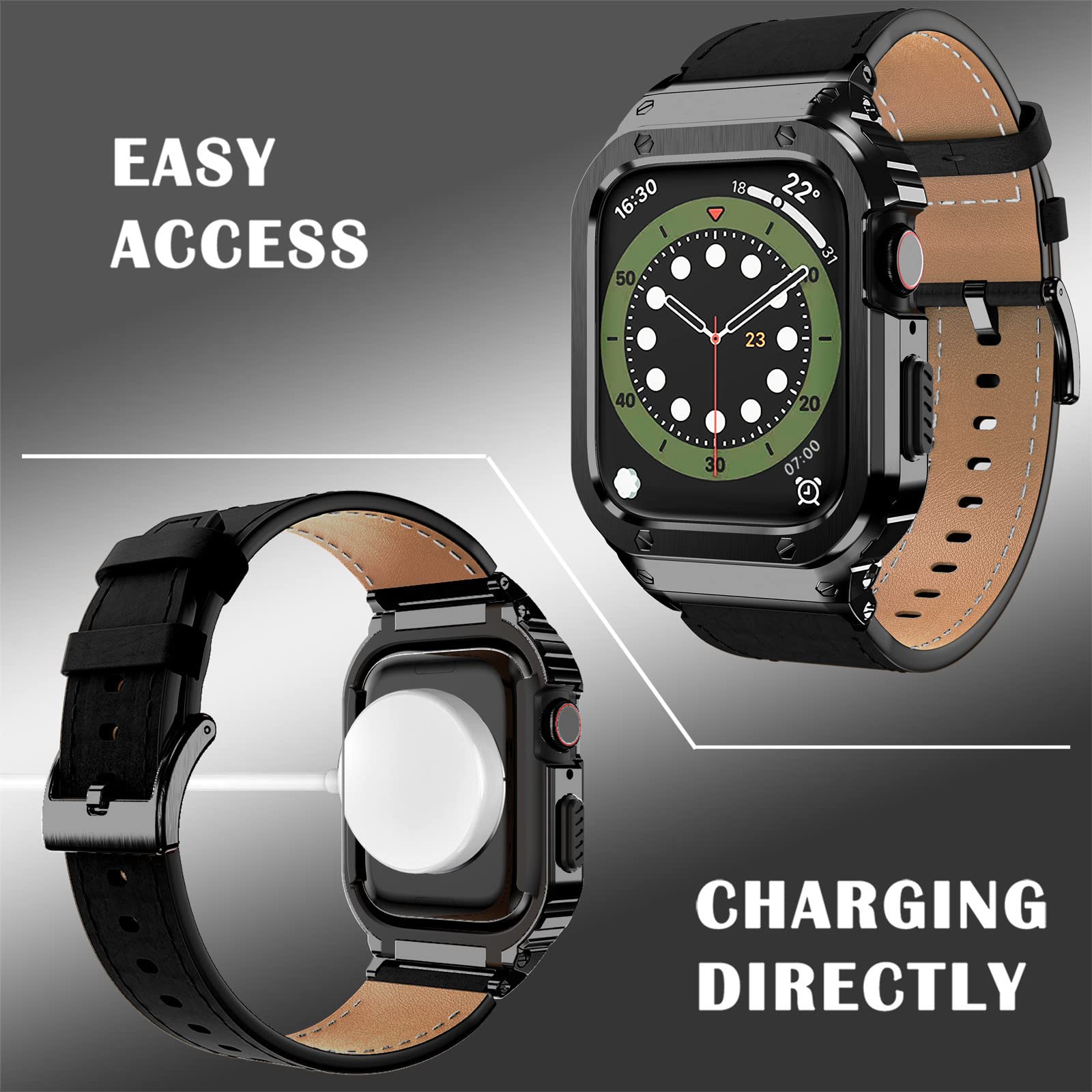 Suplink Stainless Steel Case And Bands Compatible With Apple Watch Se Band Series 6 5 4 3 2 1,Leather Strap Rugged Apple Watch C