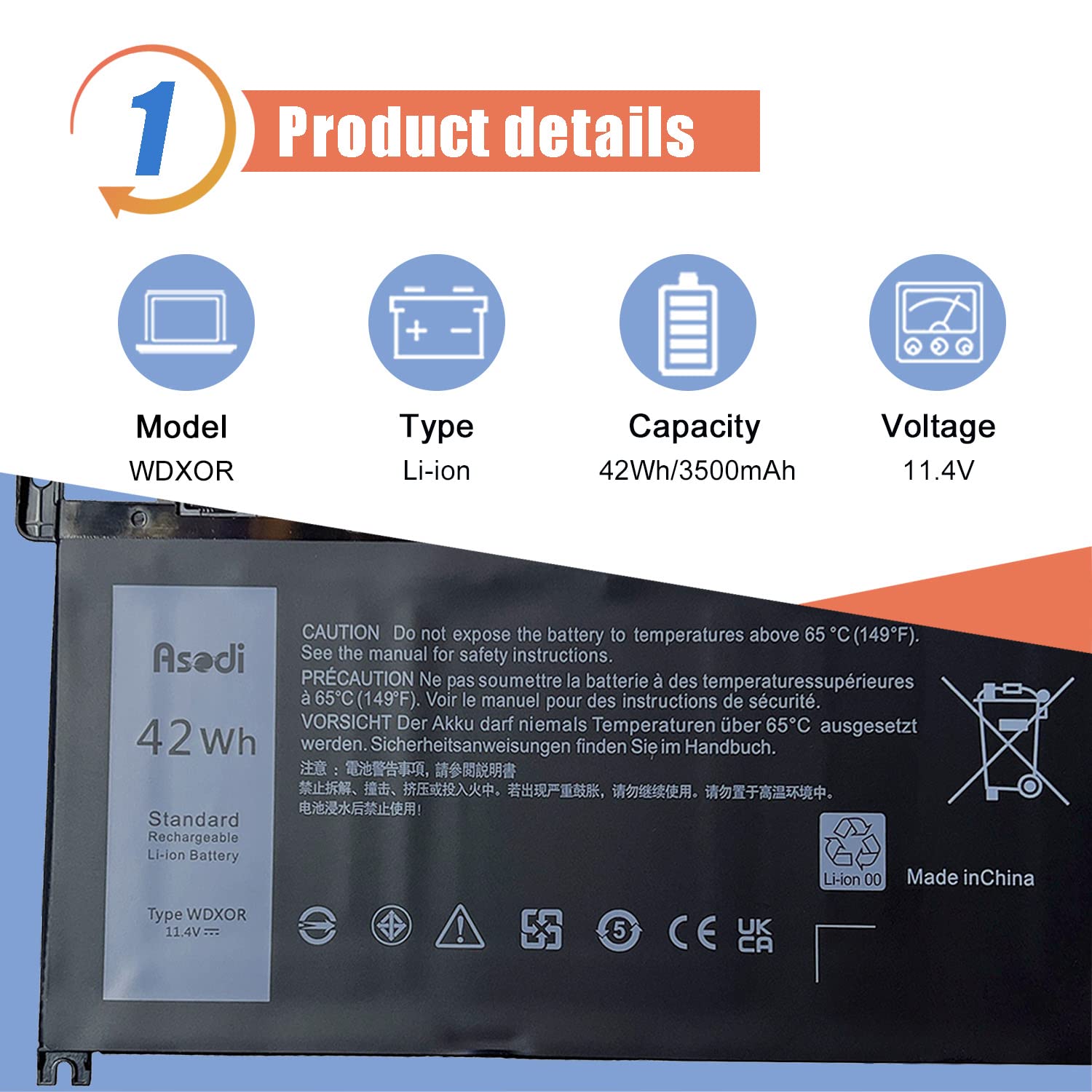 Wdxor Wdx0R 42Wh Laptop Battery Compatible With Dell Inspiron 13 15 5000 7000 5570 7579 7378 5567 5565 5379 5378 Latitude 3490 3