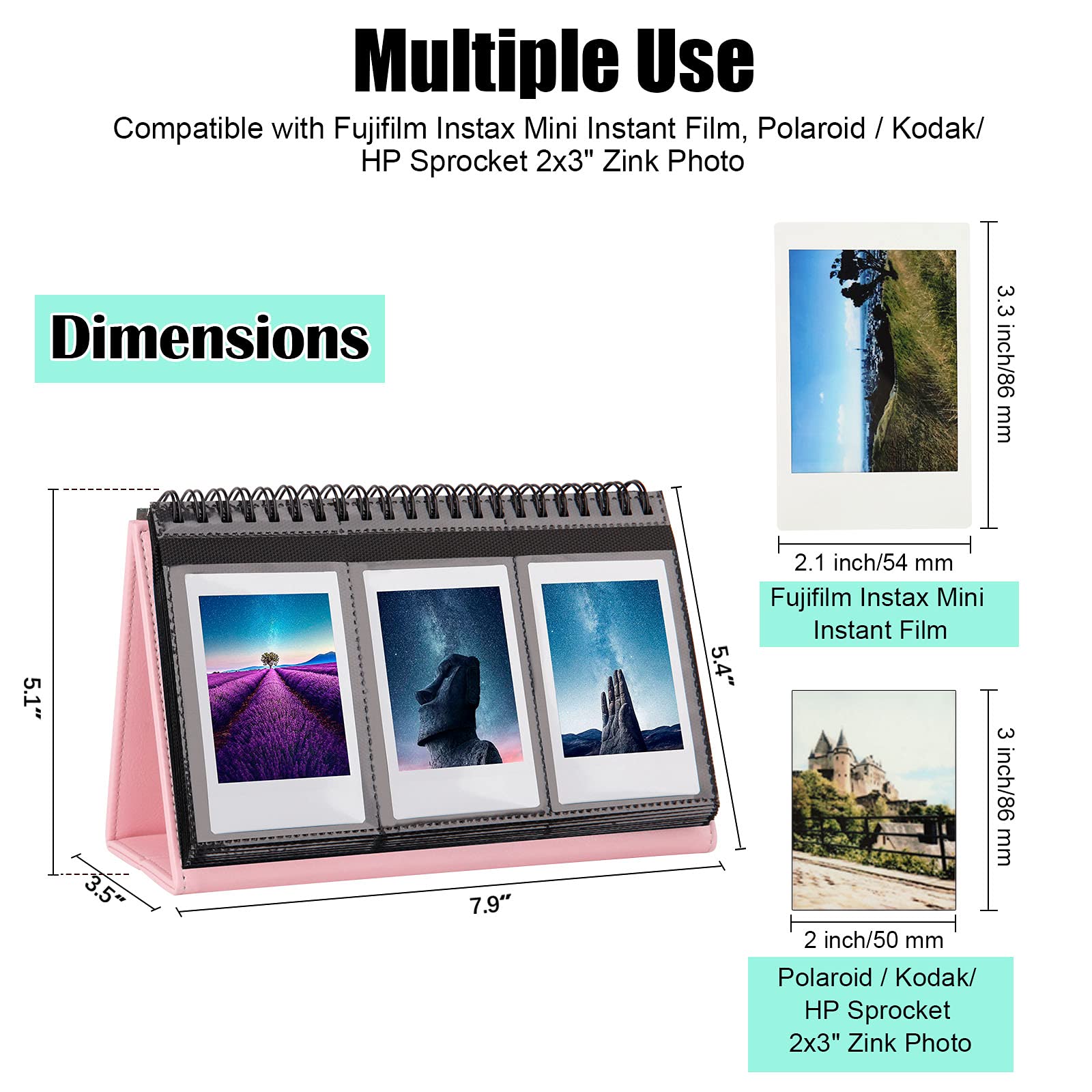 Mini Photo Album For Fujifilm Instax Mini Camera, 96 Pockets Photo Album For Polaroid, Leather Desktop Display Album For Instax Mini 12 11 9 40 8 7 Evo Liplay Instant Camera, 2X3 Photo Album (Pink)