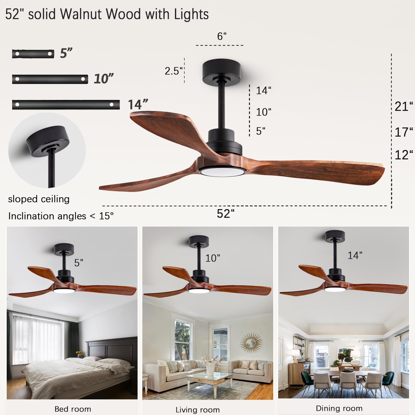 Dearnow 52'' Wood Ceiling Fans, (With Light With Remote Control) With 3 Solid Wood Blades, Wooden Ceiling Fan For Indoor And Out