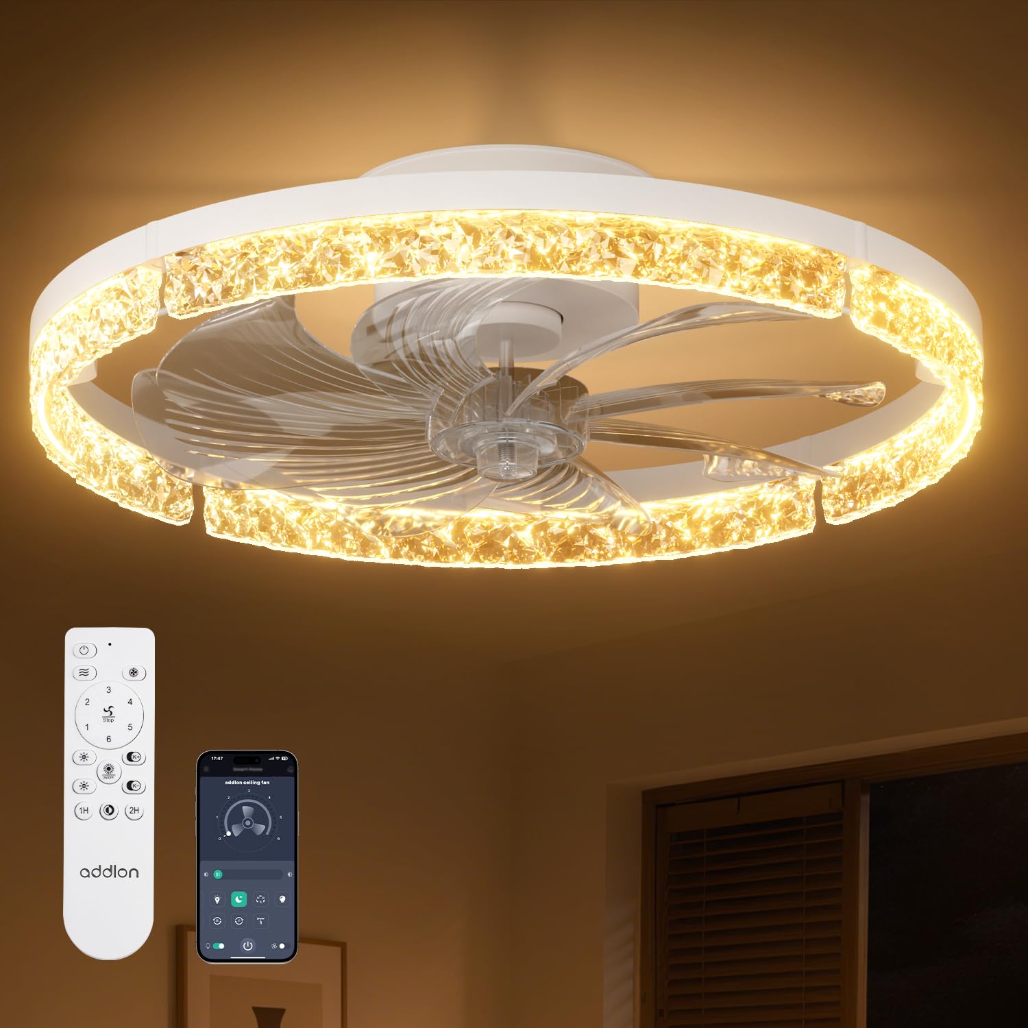 addlon Ceiling Fans with Lights and Remote, 20 Low Profile Flush Mount Ceiling Fan, 3000-6000K Dimmable LED Fandelier, Bladele
