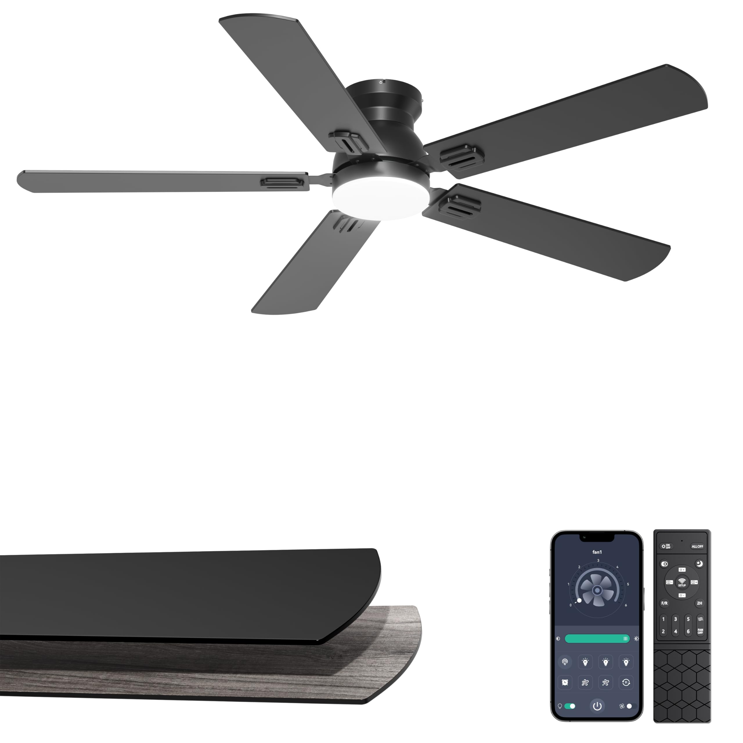 Phylluz 52 Flush Mount Ceiling Fan with Lights, Space-Saving Low Profile for Low Ceilings, App/Remote Control, Safe Quiet DC M
