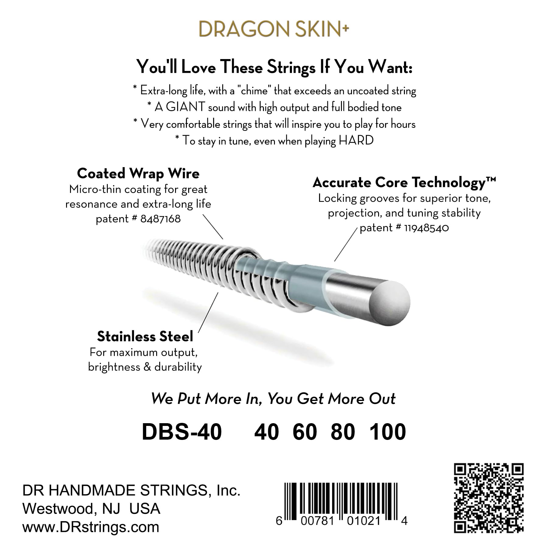 Dr Strings Dragon Skin+ - Coated Stainless Steel Bass Strings - Dbs-40 - Superior Sound With Comfortable Feel & Long Life: Light