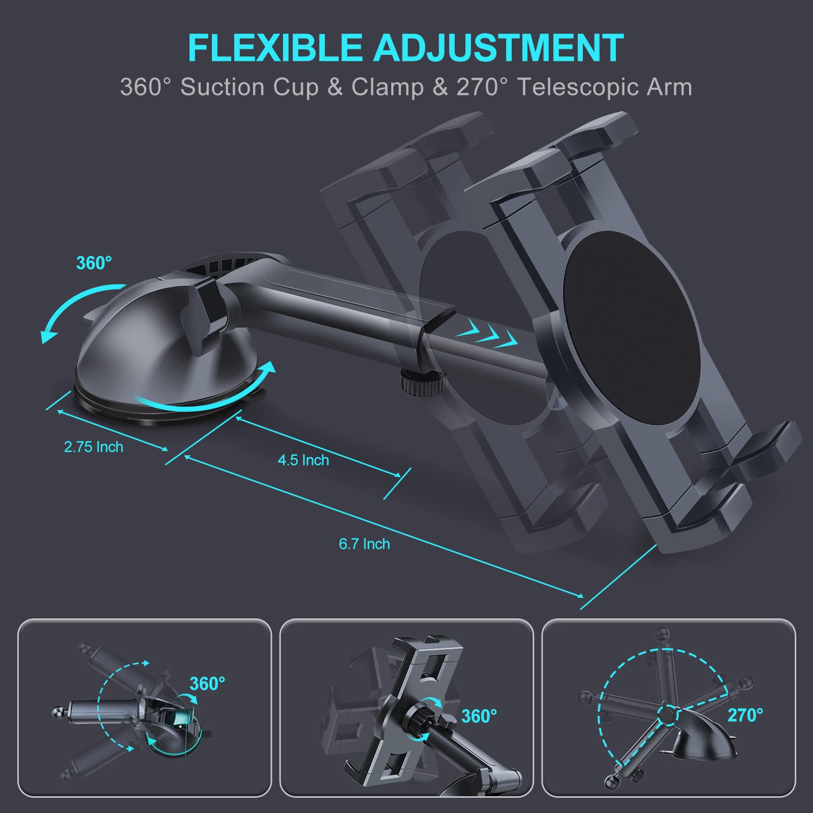 Dashboard & Windshield Car Tablet Mount Holder, 360 Rotatable Suction Cup Window Dash Phone Stand For Ipad Pro 12.9/9.7/11/10.5/