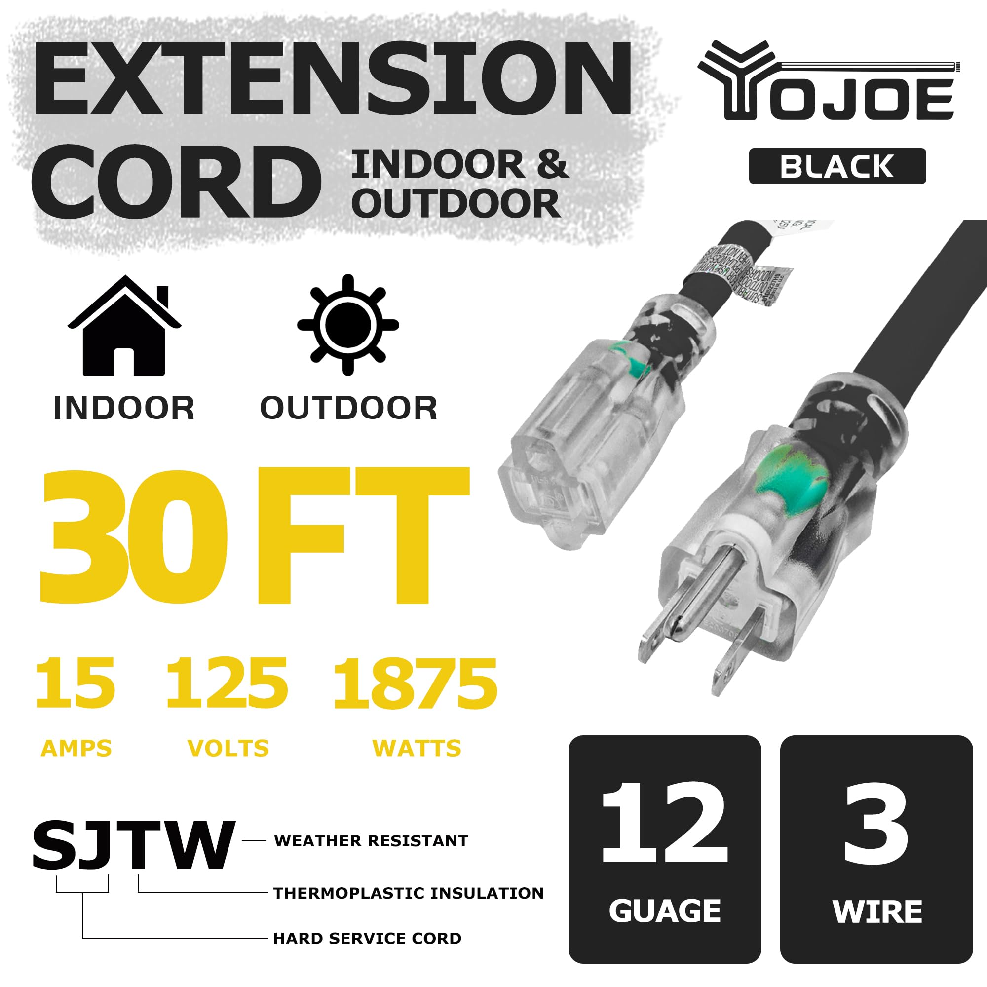 Yojoe Indoor Outdoor Extension Cord With Lighted End, 3 Prong 15A Weatherproof Power Extension Cord, 12 Gauge Heavy Duty 30 Ft B