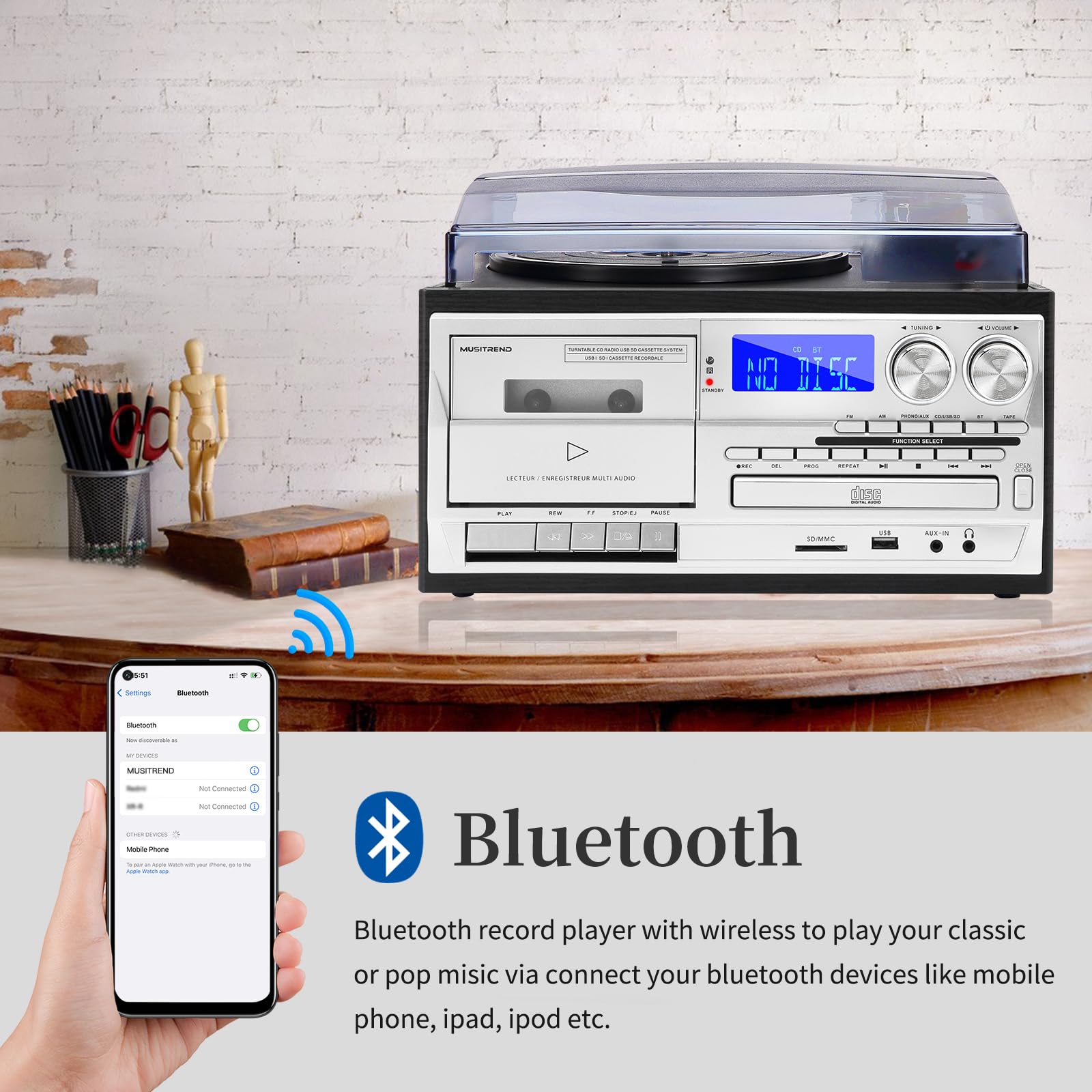 Musitrend 9 In 1 Record Player With External Speakers,3 Speed Bluetooth Turntable Vinyl Player With Cd/Cassette Play,Am/Fm Radio