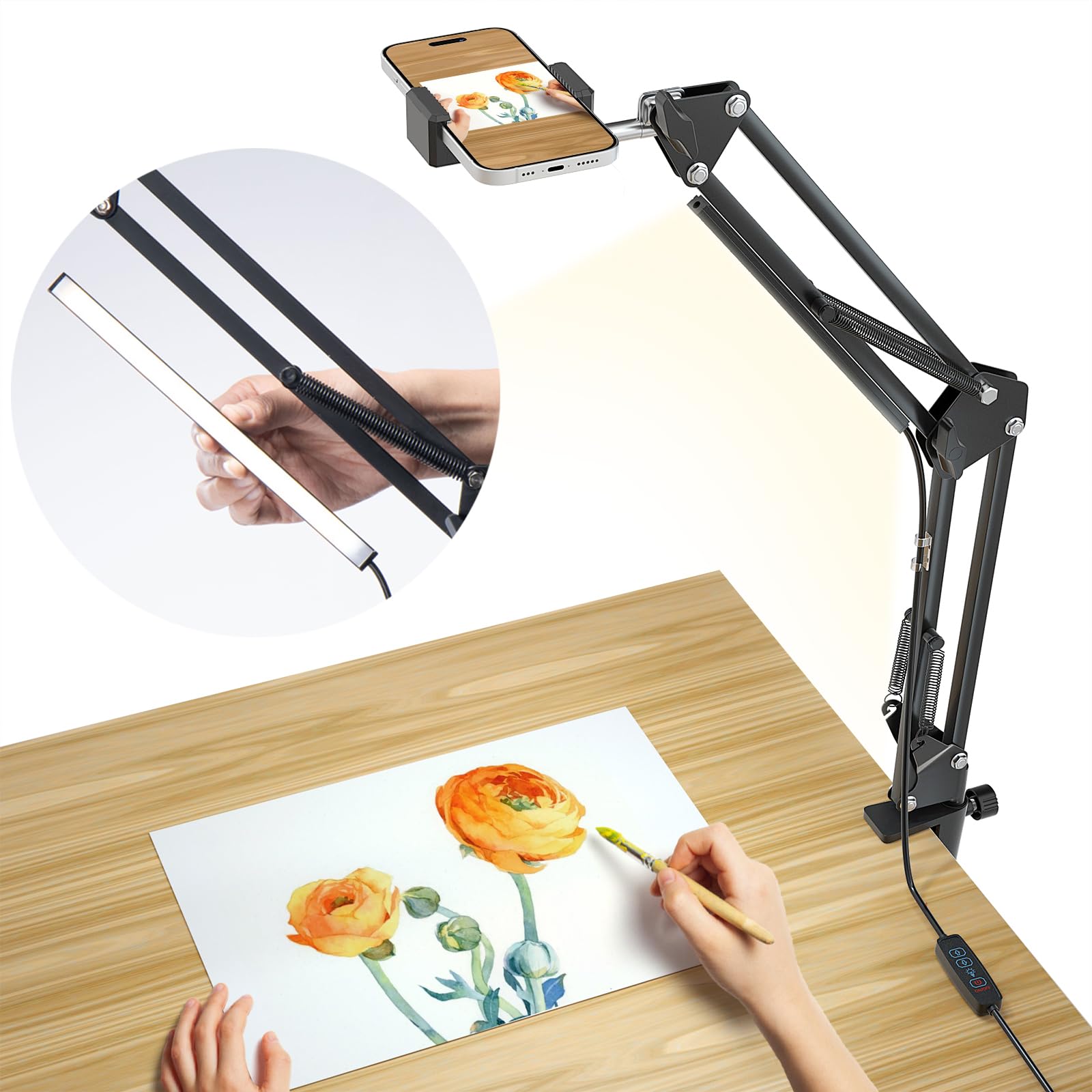 Overhead Phone Mount, Articulating Arm Cell Phone Holder With Usb Led Light, Flexible Phone Stand For Live Streaming,Video Recor