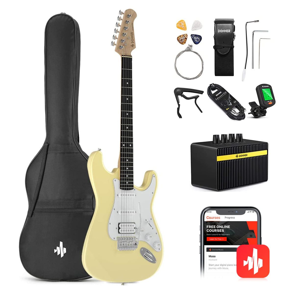 Donner Dst 100W 39 Inch Electric Guitar Beginner Kit Solid Body Full Size Yellow Hss Pick Up For Starter, With Amplifier, Bag, D