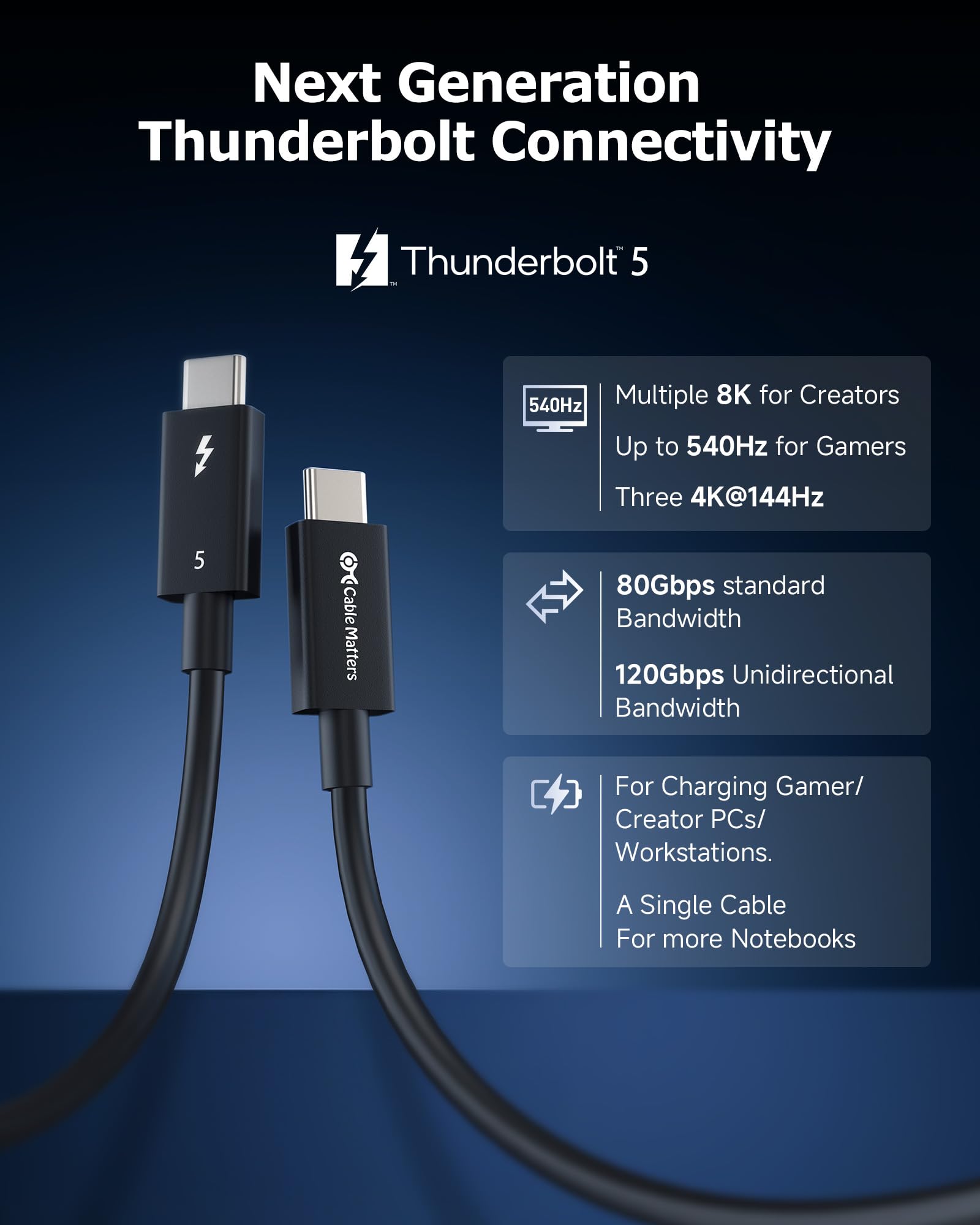 Cable Matters [Intel Certified] 80Gbps Thunderbolt 5 Cable with up to 120Gbps Bandwidth Boost and 240W Charging in Black   1m / 3.3ft, Compatible with Thunderbolt 4, USB4, Thunderbolt 3 and USB C