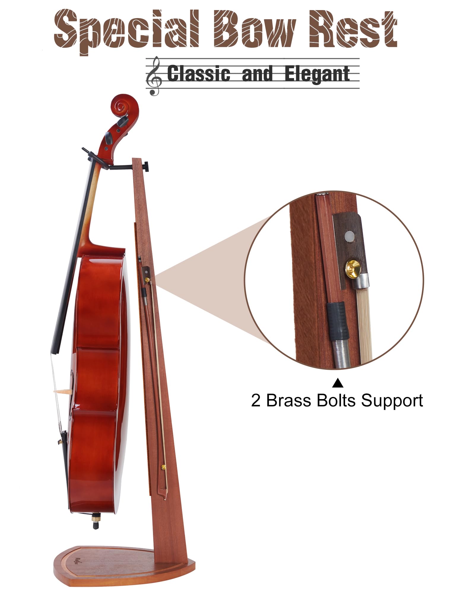 Musbeat Cello Stand With Bow Holder, Handcrafted Mahogany Wood Floor Stand For 4/4 Full-Size And 1/2, 1/4, 3/4, 1/8, 7/8 Cello H