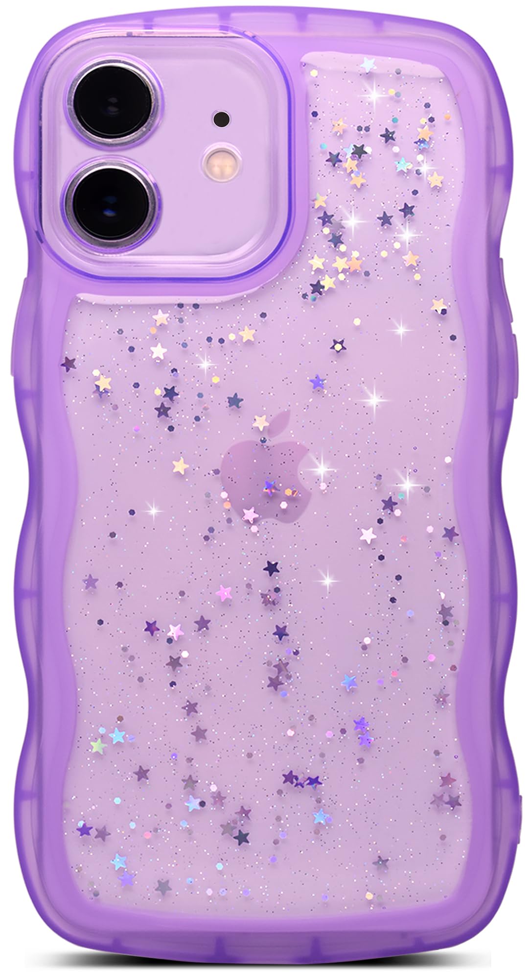Qokey For Iphone 12 Case 6.1'' Curly Wave Edge Design Transparent Bling Glitter Star Shiny Case Cute Clear Transparent Full Prot