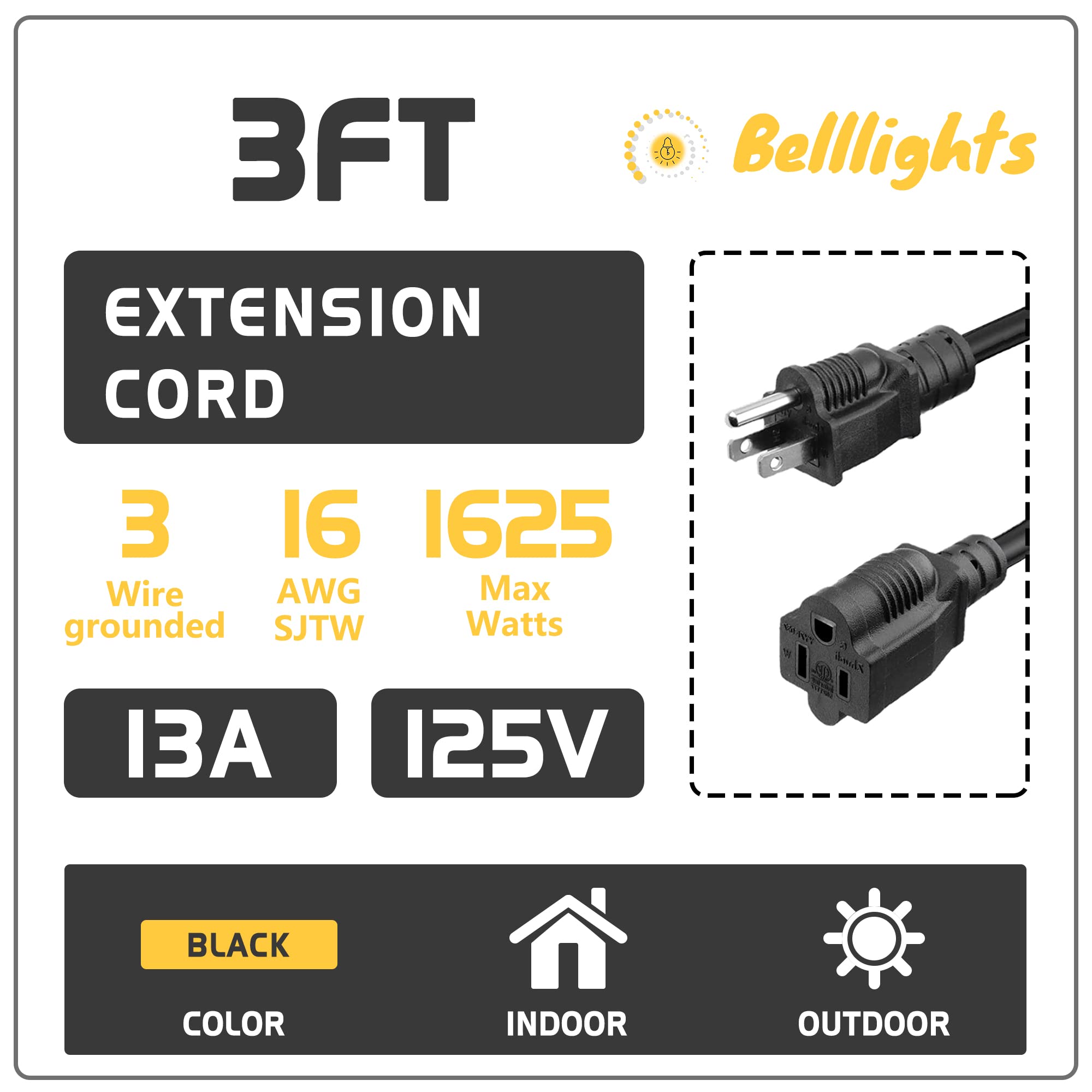 4 Pack 8Ft Extension Cord Outdoor Indoor Use 16 Awg Heavy Duty Power Cord 3 Prong Sjtw, Nema 5 15P To Nema 5 15R, Power Cable Fo