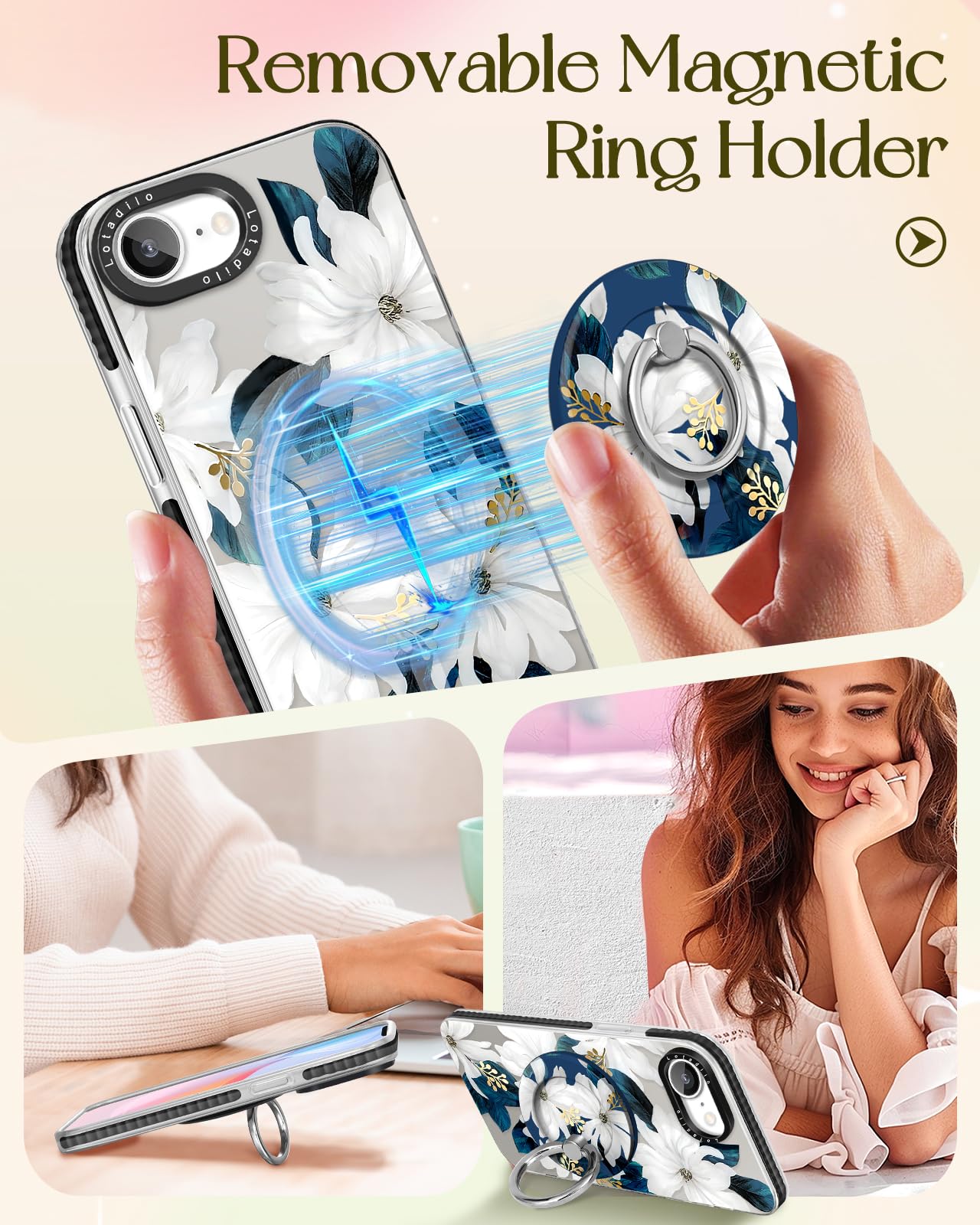 Lotadilo Cute Case For Iphone 16E For Women Girls - Funny Blue Flower Design Compatible With Magsafe Magnetic Ring Holder Kickst