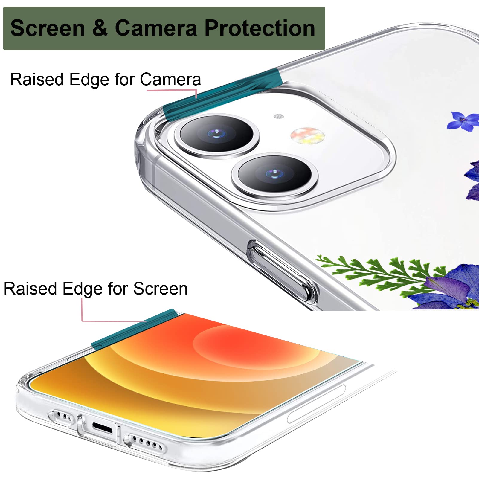 Unov iPhone 12 Mini Case Clear Slim Embossed Flower Soft TPU Very Peri Bouquet 5.4 Inch