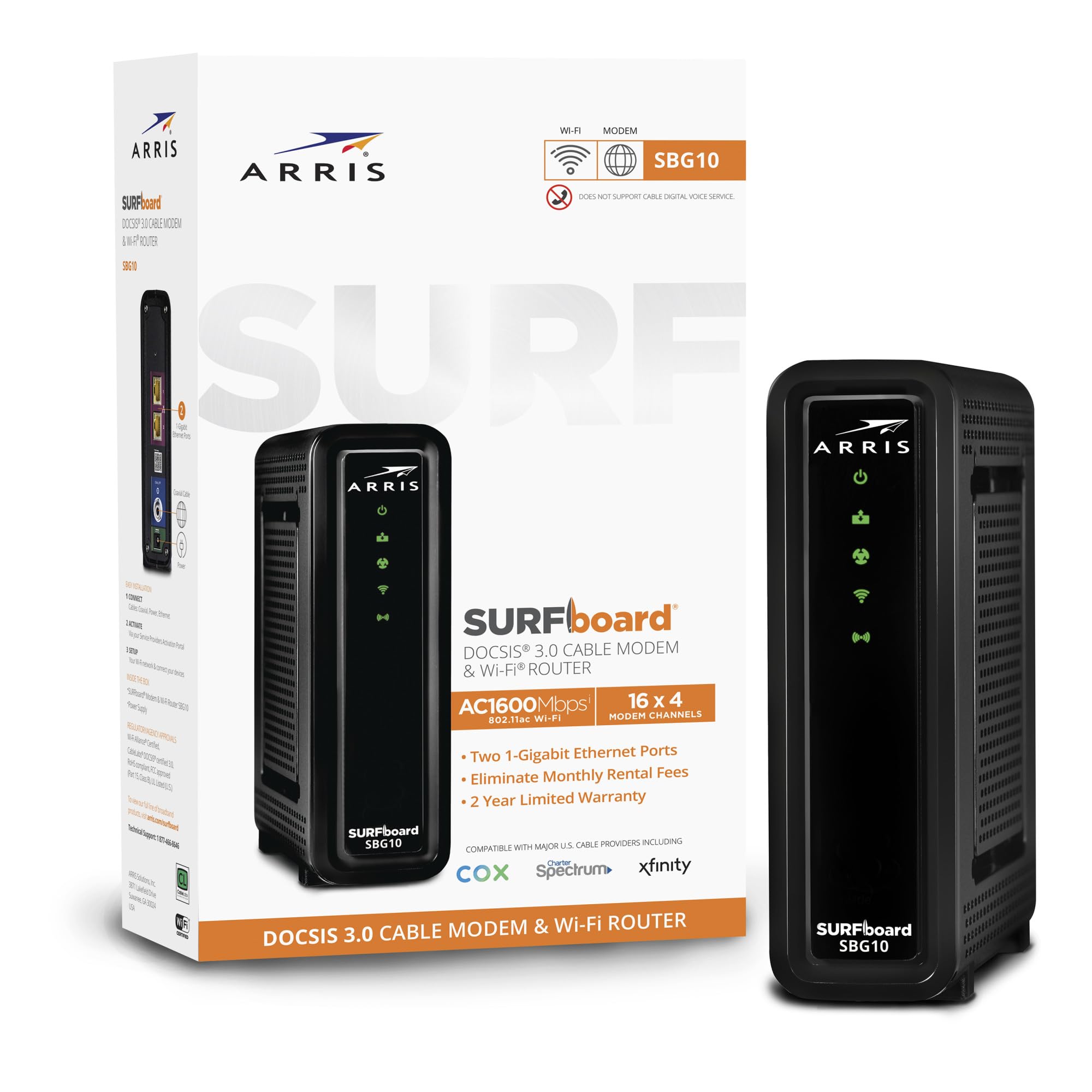 Arris Surfboard Sbg10 Docsis 3.0 16 X 4 Gigabit Cable Modem & Ac1600 Wi Fi Router , Comcast Xfinity, Cox, Spectrum, 400 Mbps Max