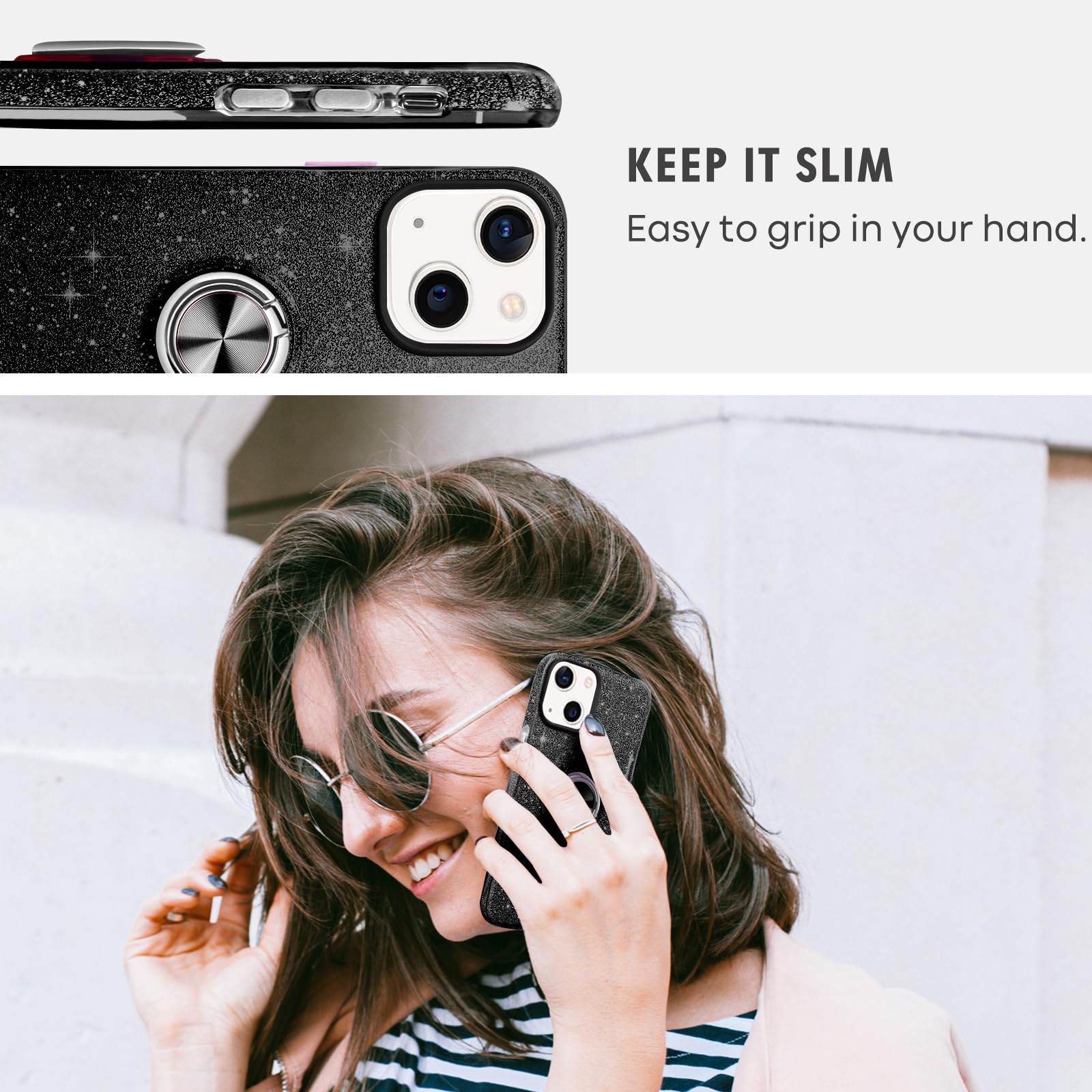 Soulips Iphone 13 Mini Case,Magnetic Car Mount Supported Slim Thin Glitter Sparkle With 360? Ring Holder Kickstand Shockproof Pr