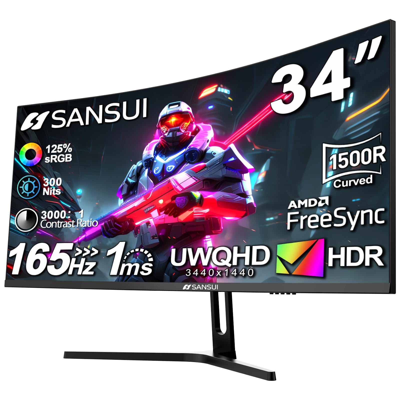 Sansui 34 Inch Curved Gaming Monitor Uwqhd 3440 X 1440 165Hz Curved 1500R   Pip/Pbp, 1Ms(Mprt), Hdr, 300Nits, Srgb 125%, Dci P3
