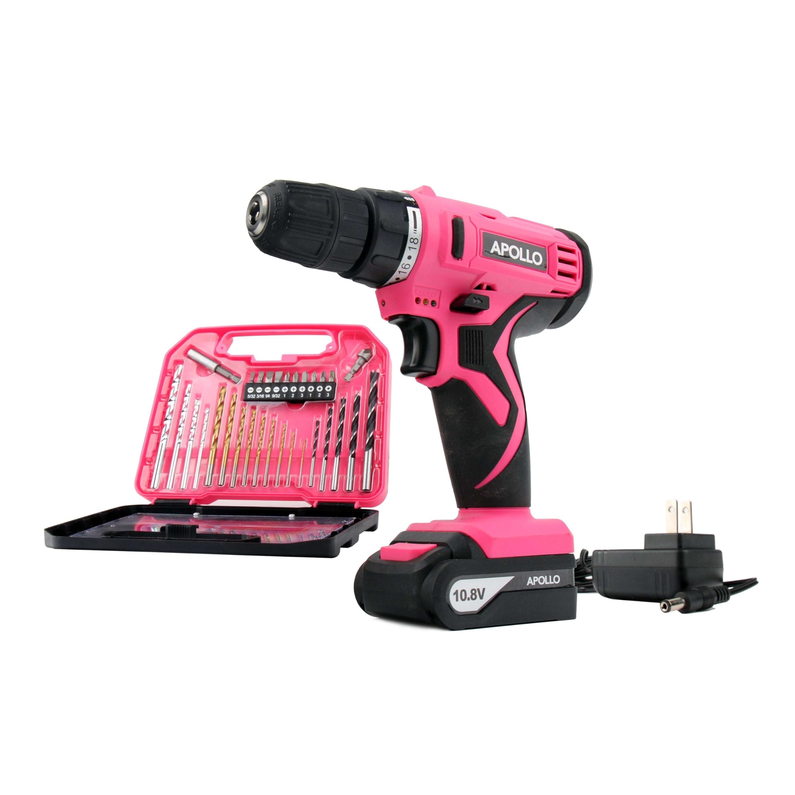 Apollo Tools Powerful Lightweight Cordless Drill, 10.8 Lithium Ion Battery with 30-Piece Accessory Drill Bit Set - Pink Ribbon -