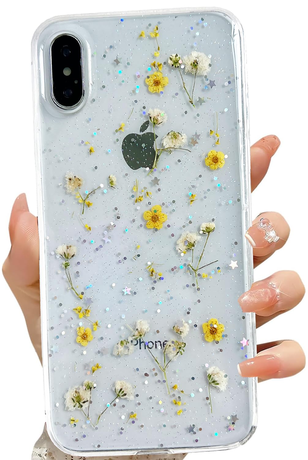 Lseeka For Iphone Xs Max Clear Case With Pressed Real Flowers Design,Glitter Cute Yellow Floral Pattern Slim Soft Tpu Protective