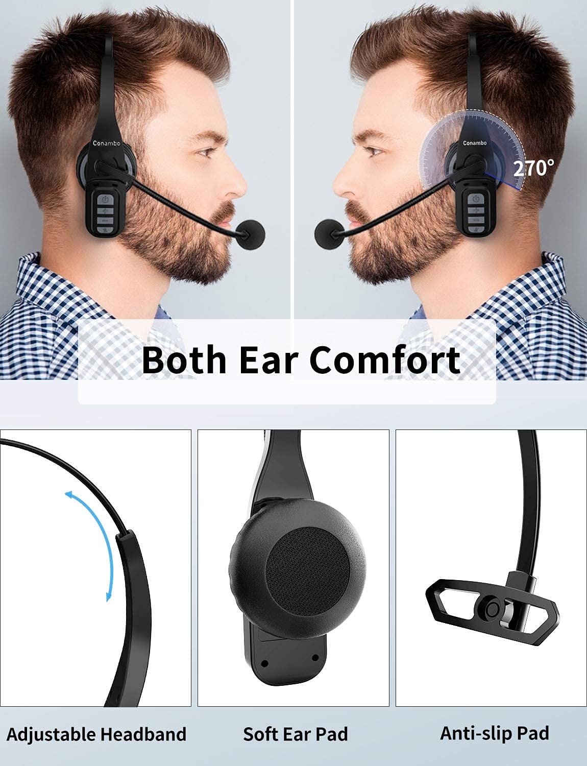 Conambo Trucker Bluetooth Headset 5.0 With Microphone Noise Cancelling Wireless Phone Headset 22Hrs Talktime Mute Button Bluetoo