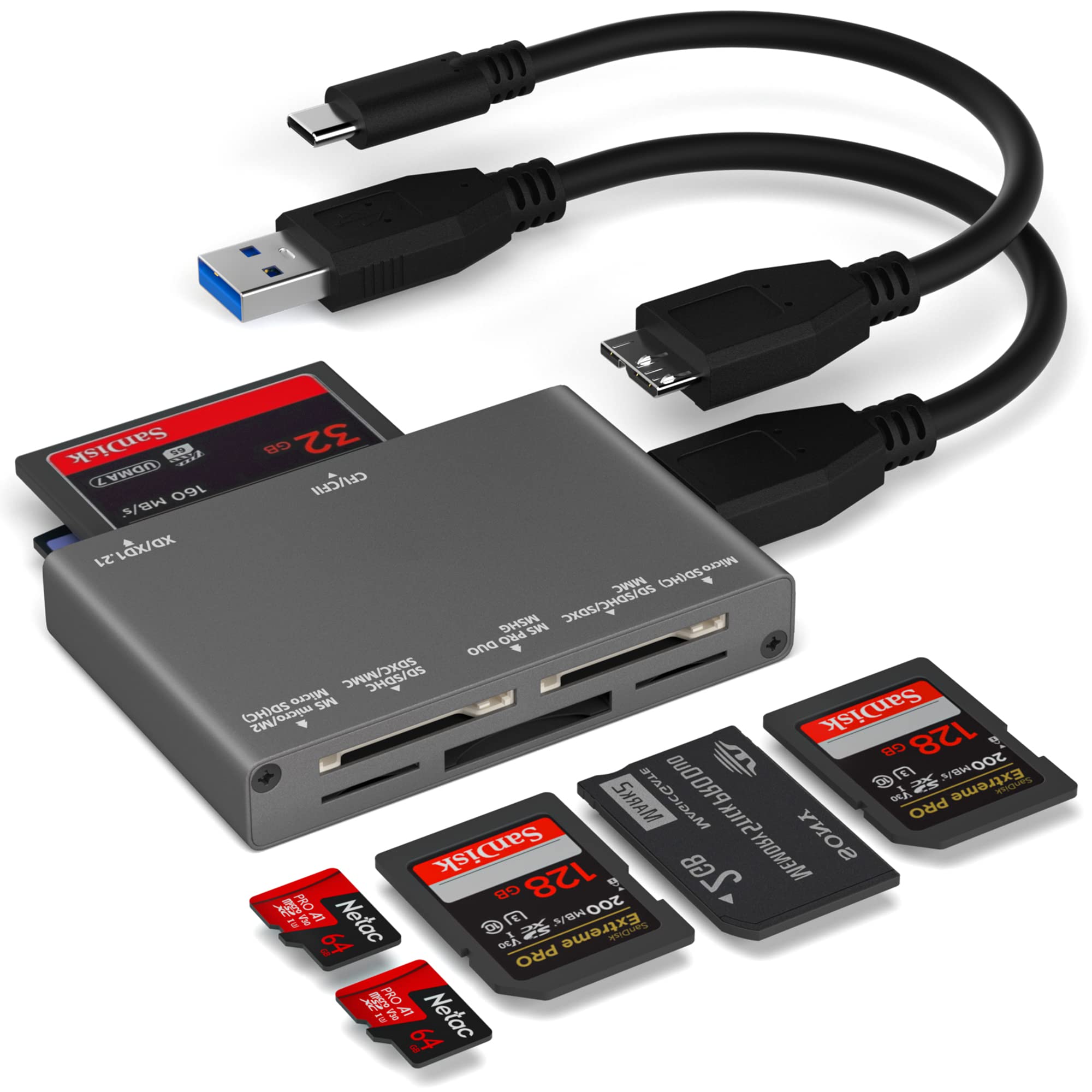 7 In 1 Multi Memory Card Reader, Usb 3.0 Sd Card Reader Writer(5Gbps) Read 7 Cards Simultaneously For Sd/Micro Sd/Ms/Cf/Mmc/Xd/S