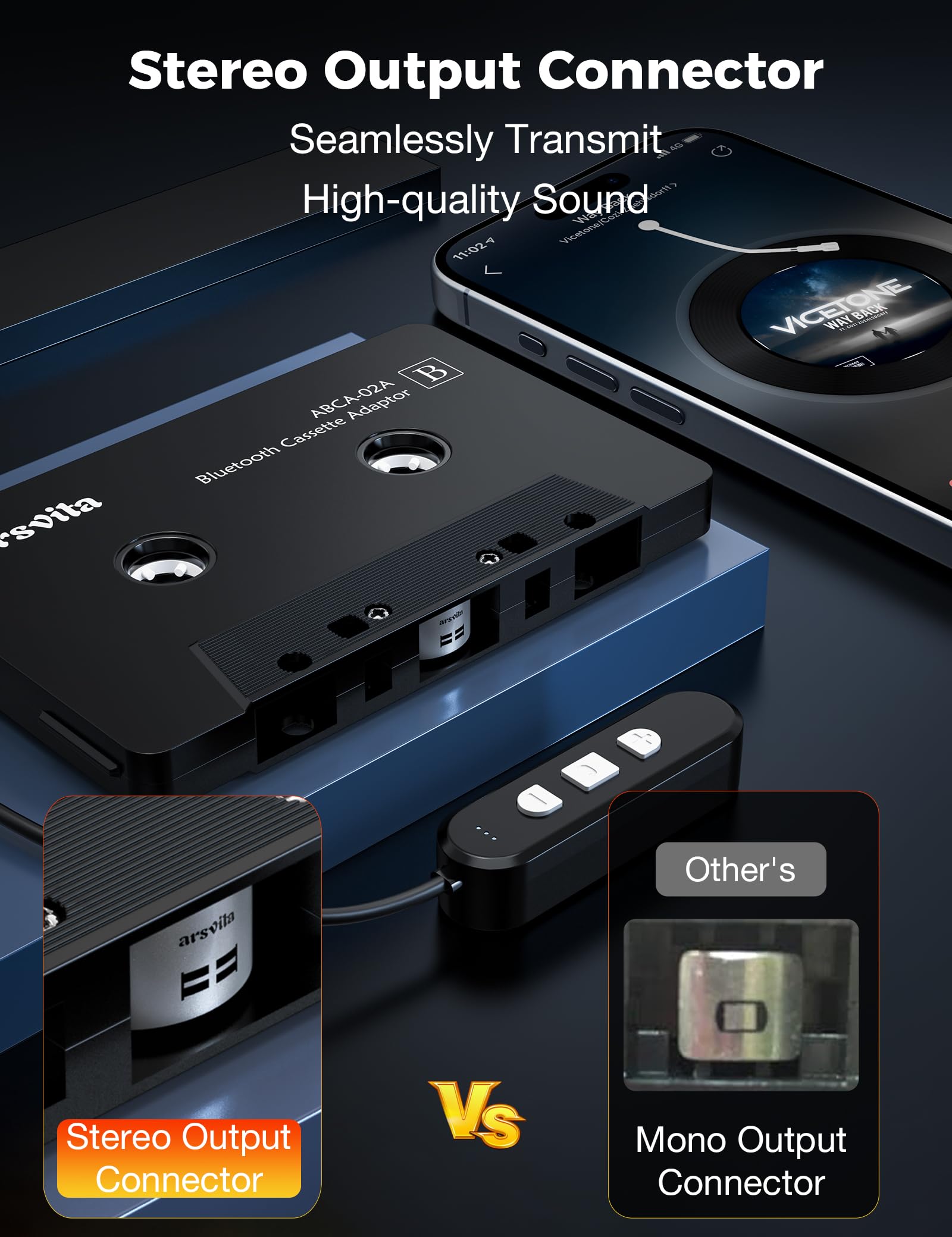 arsvita Bluetooth Cassette Adapter, 5.1 Car Audio Receiver, Hands-Free Call, Black, Model BCA02, Supports Micro SD Card