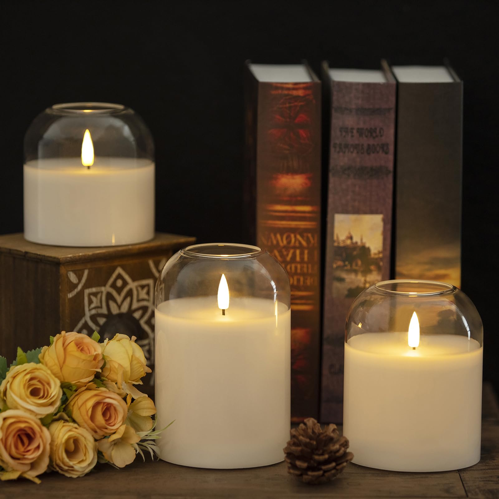 Volnyus White Glass Flameless Candles Set Of 3 (F 4'' H 4'' 5'' 6'') With Remote Battery Operated Flickering Led Pillar Candles