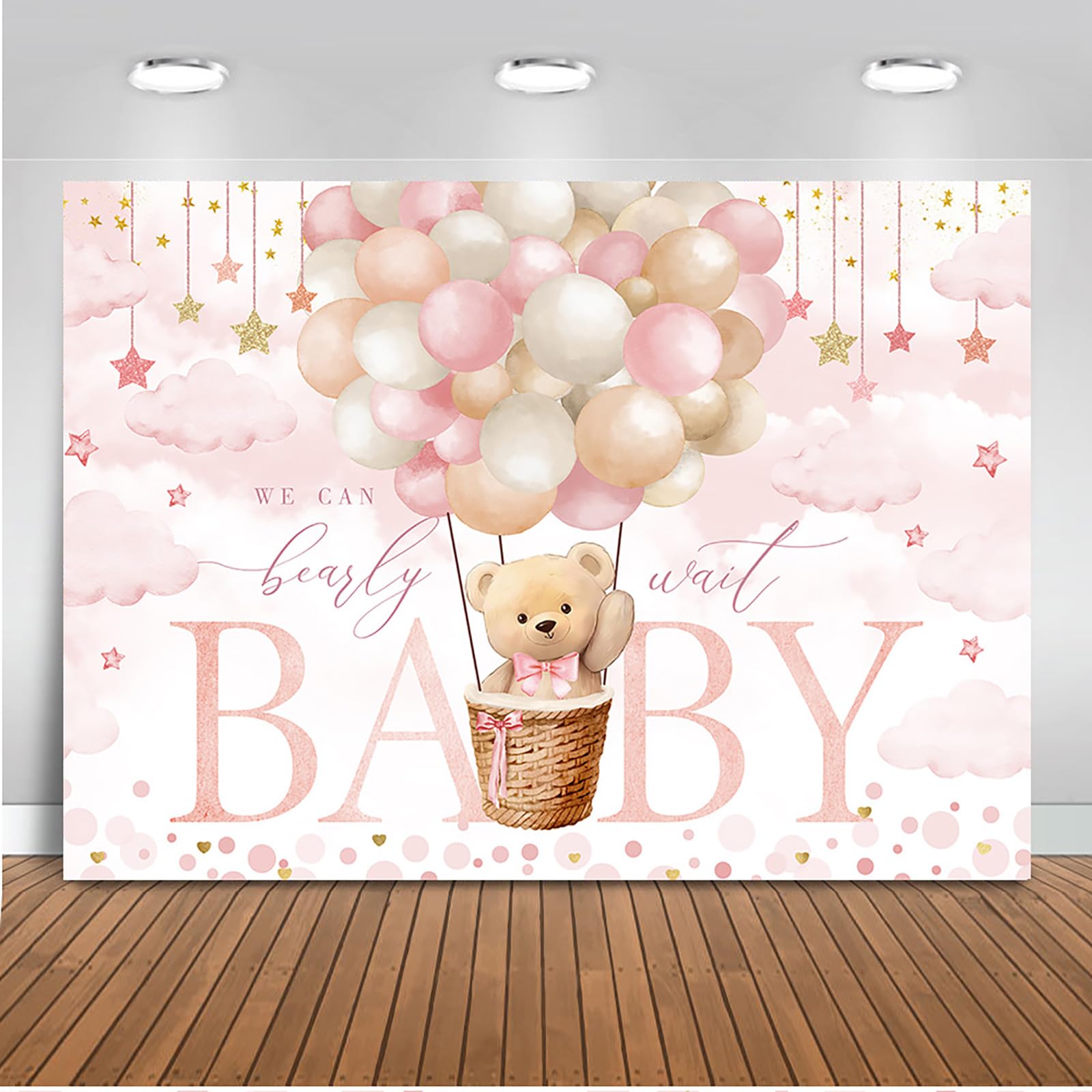 Mocsicka We Can Bearly Wait Backdrop Pink Hot Balloon Bearly Wait Baby Shower Party Decorations Backgrpund Pink Cloud Bear Girl