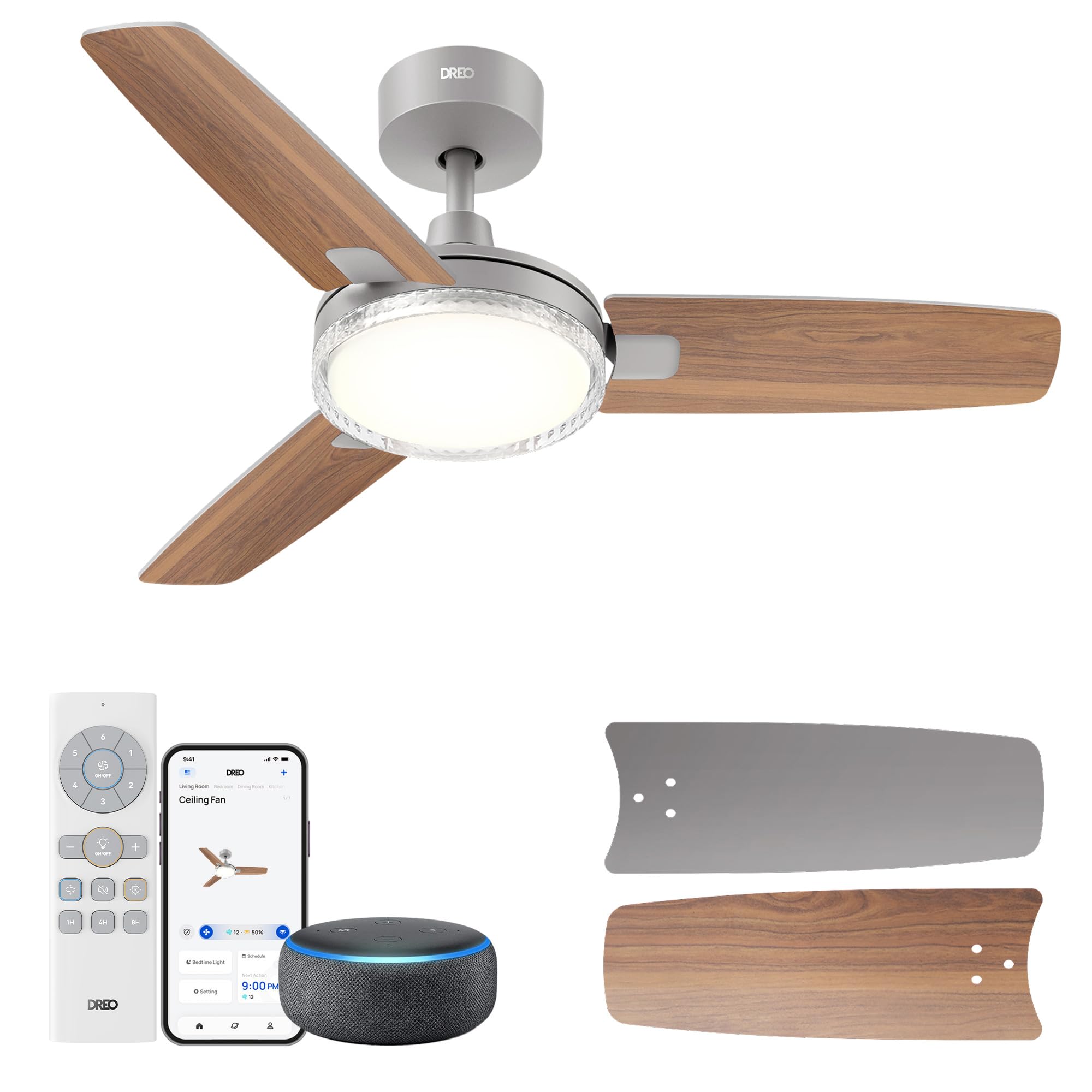 Dreo Smart Ceiling Fans with Lights, 42 Inch Grey Ceiling Fan, 12 Speeds & 3 Fan Modes, Stepless Color Tones, Dimmable LED Light
