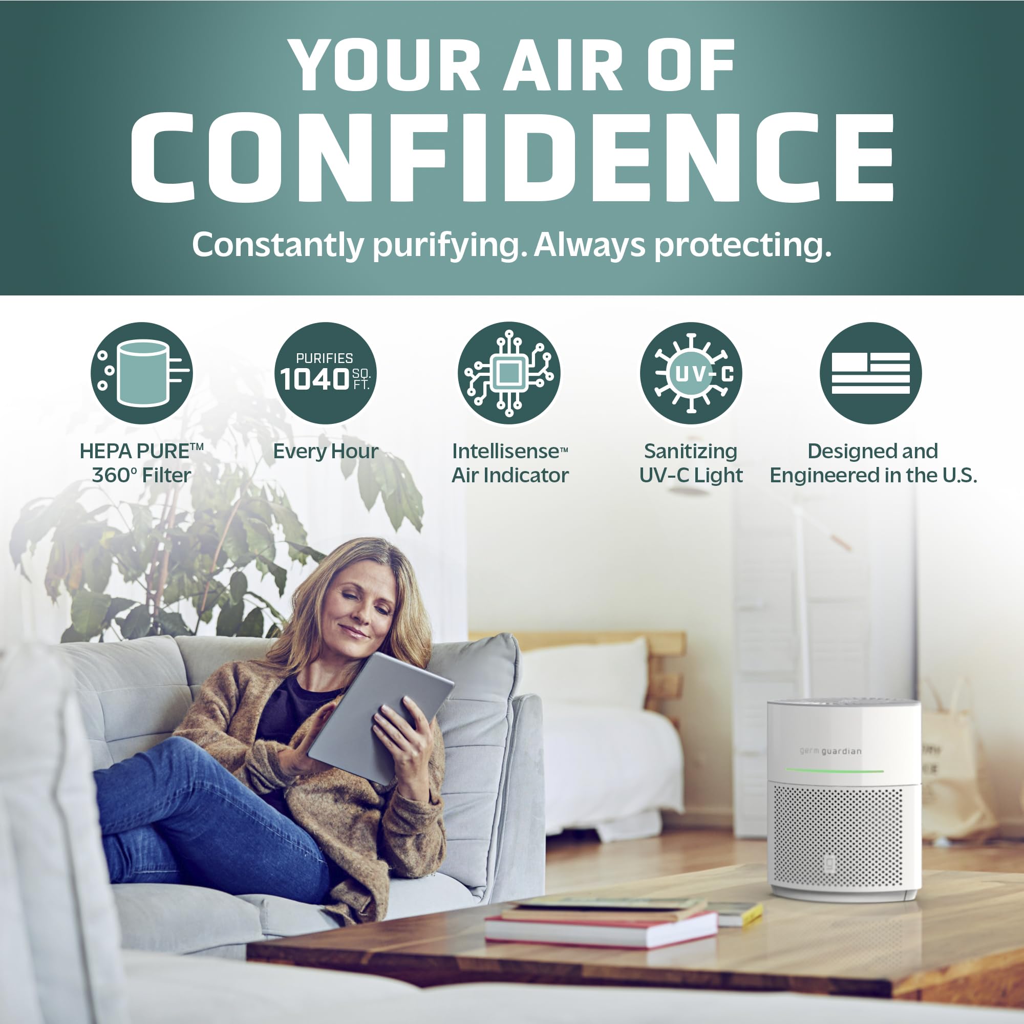 Germguardian Airsafe+ Home Air Purifiers, Hepa Air Purifiers For Home, Uv C Light, Air Quality Sensor, 360 Hepa Filter, Covers 1