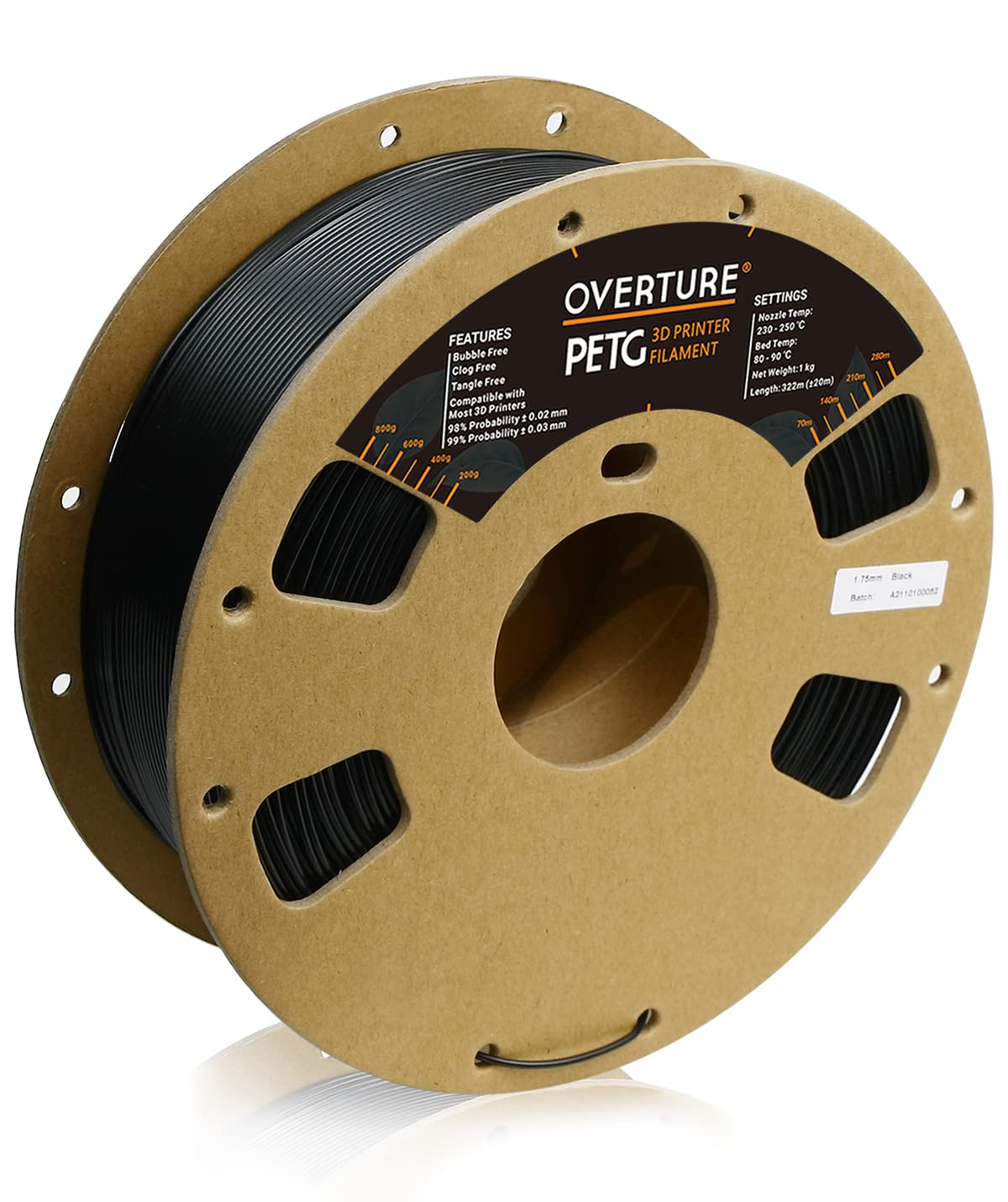 Overture Petg Filament 1.75Mm, 3D Printer Filament, 1Kg Filament (2.2Lbs), Dimensional Accuracy 99% Probability +/  0.03 Mm, Fit