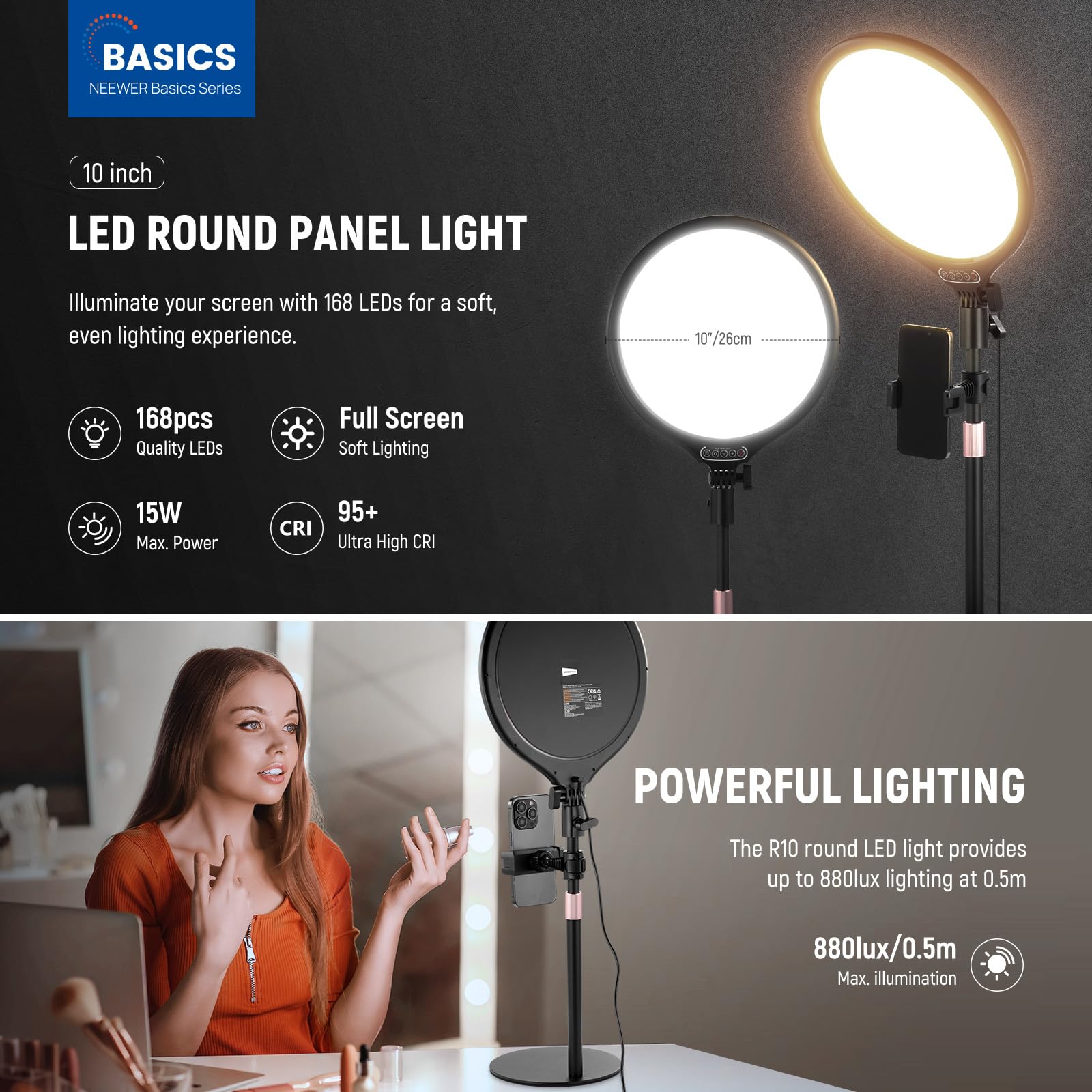 Neewer Basics 10.5 Desk Ring Light With Stand/Phone Holder/Timer, 3000-6500K Full Screen 15W Led Selfie Panel Lighting For Iphon