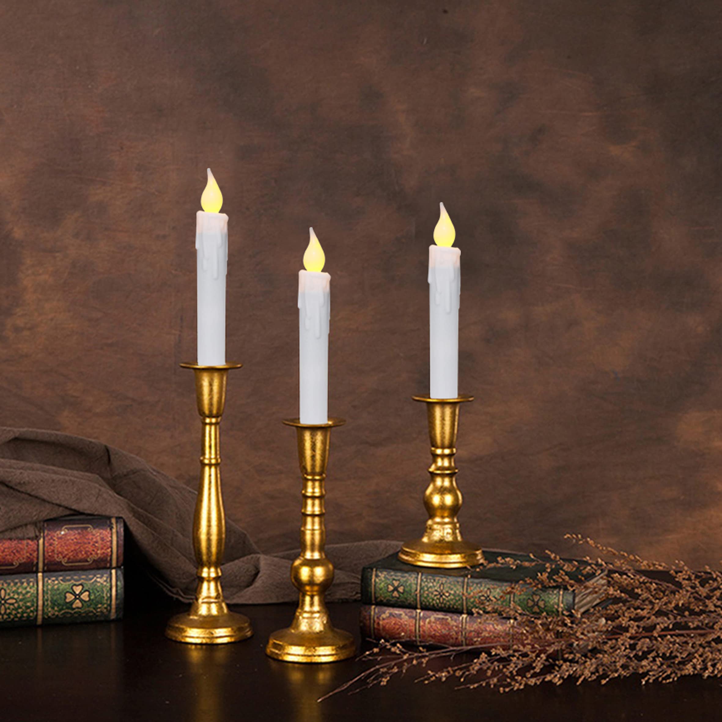 Cvhomedeco. Flickering Taper Candles Led Drip Flameless Candles, Battery Operated With Timer, White, 6 3/4 Inch, Set Of 6