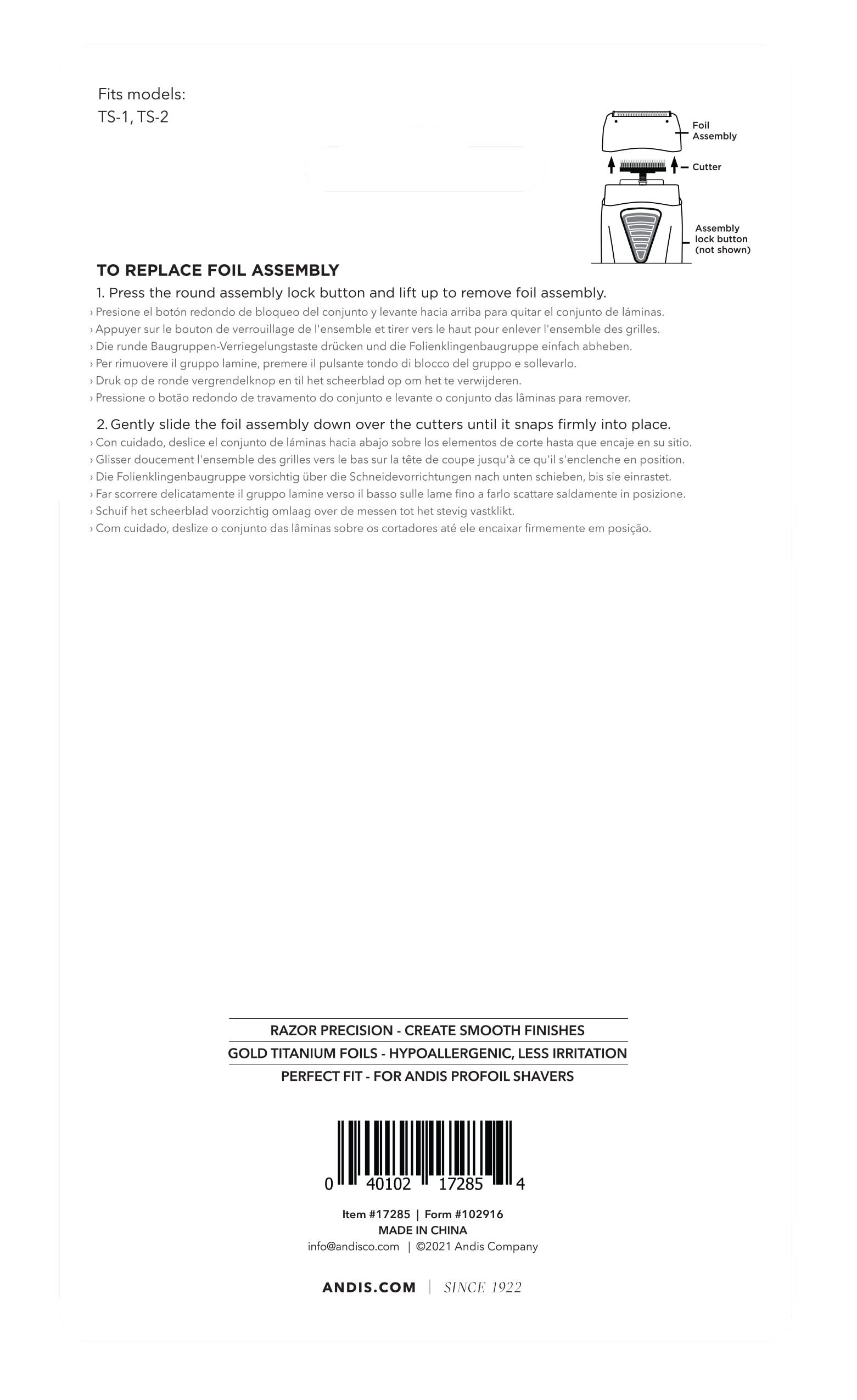 Andis 17285 Replacement Lithium Titanium Foil Assembly For The Profoil Shaver, Gray