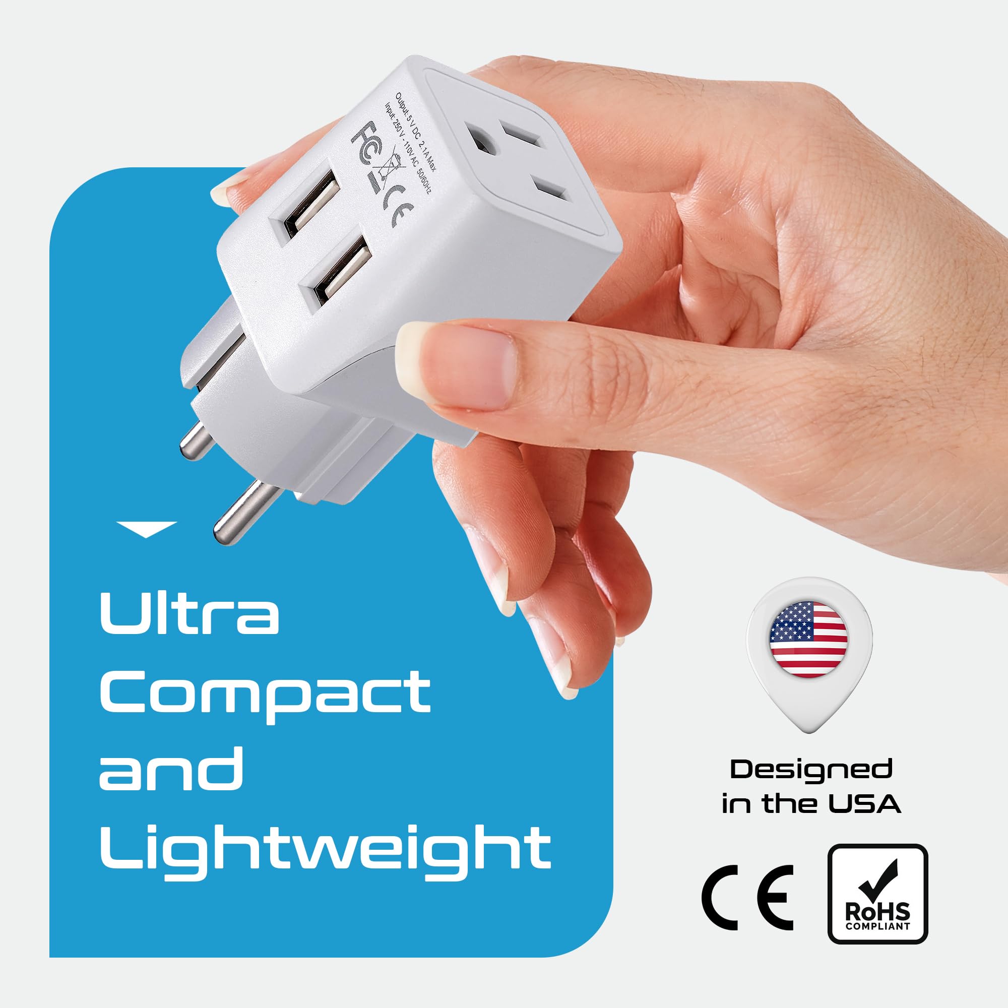 Ceptics Schuko, Germany, France, Spain Travel Adapter Plug With Dual Usb   Usa Input Type E/F   Ultra Compact Perfect For Cell P