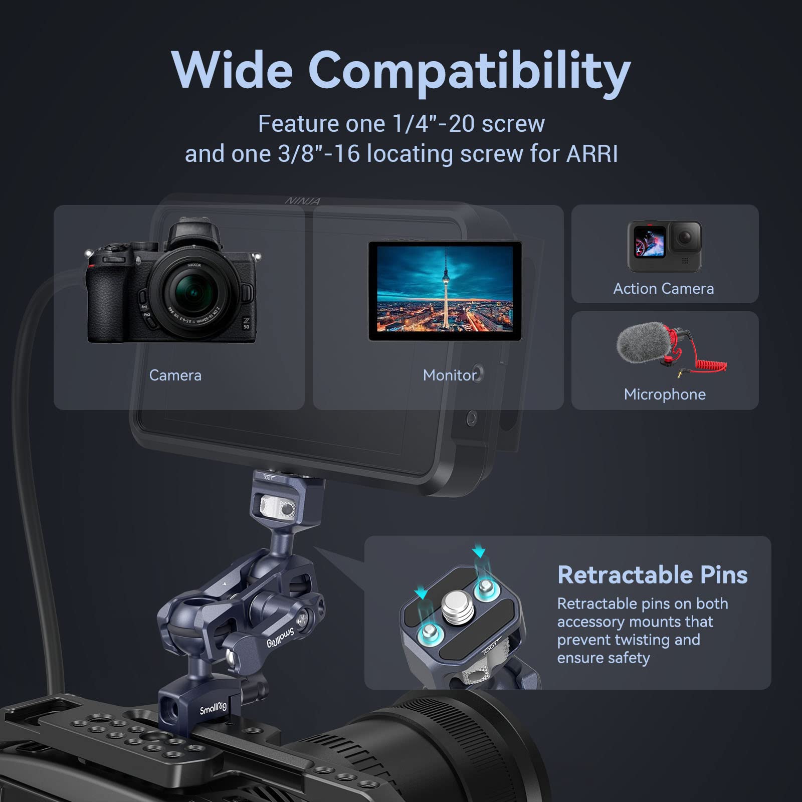 Smallrig Articulating Magic Arm With Nato Clamp And 1/4-20 Screw (With Retractable Pins), 360 Degree Rotation, Max Load Of 12 Ib