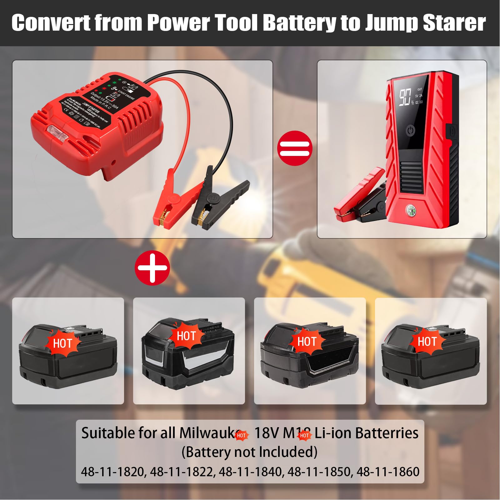 Car Jump Starters Adapter Compatible With Milwaukee 18V Max Batteries With11Awg Jump Kit Cable Up To 3.5L Gas Diesel Engines,12V