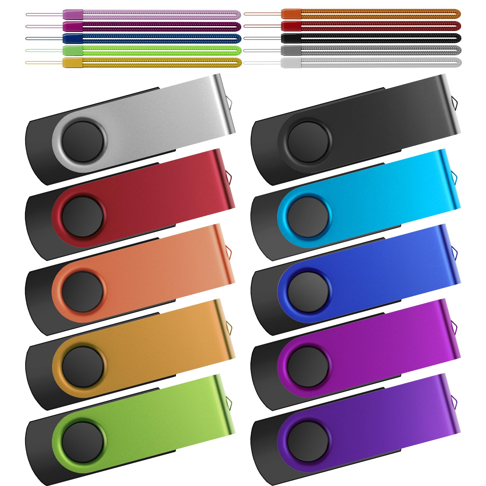 16Gb Flash Drive 10 Pack Thumb Drives Bulk Usb 3.0, Metal Usb Drive Multipack Pen Drive 16 Gb Memory Sticks Swivel Zip Drives, Kepmem Portable Jump Drive Value Multicoloured Pendrives With 10Pcs Ropes